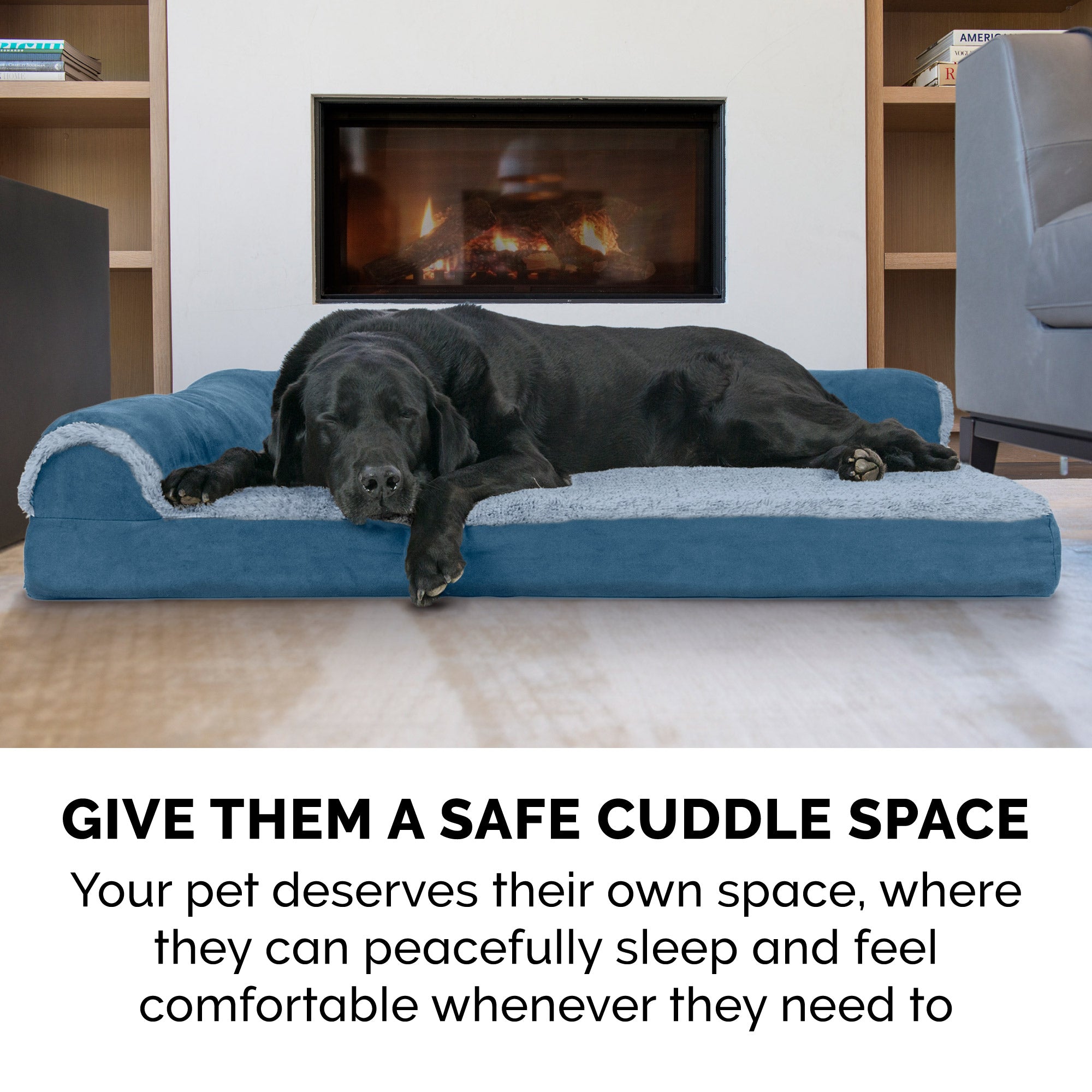 FurHaven | Faux Fur and Suede Deluxe L-Chaise Lounge Pillow Sofa Pet Bed for Dogs and Cats， Marine Blue， Jumbo