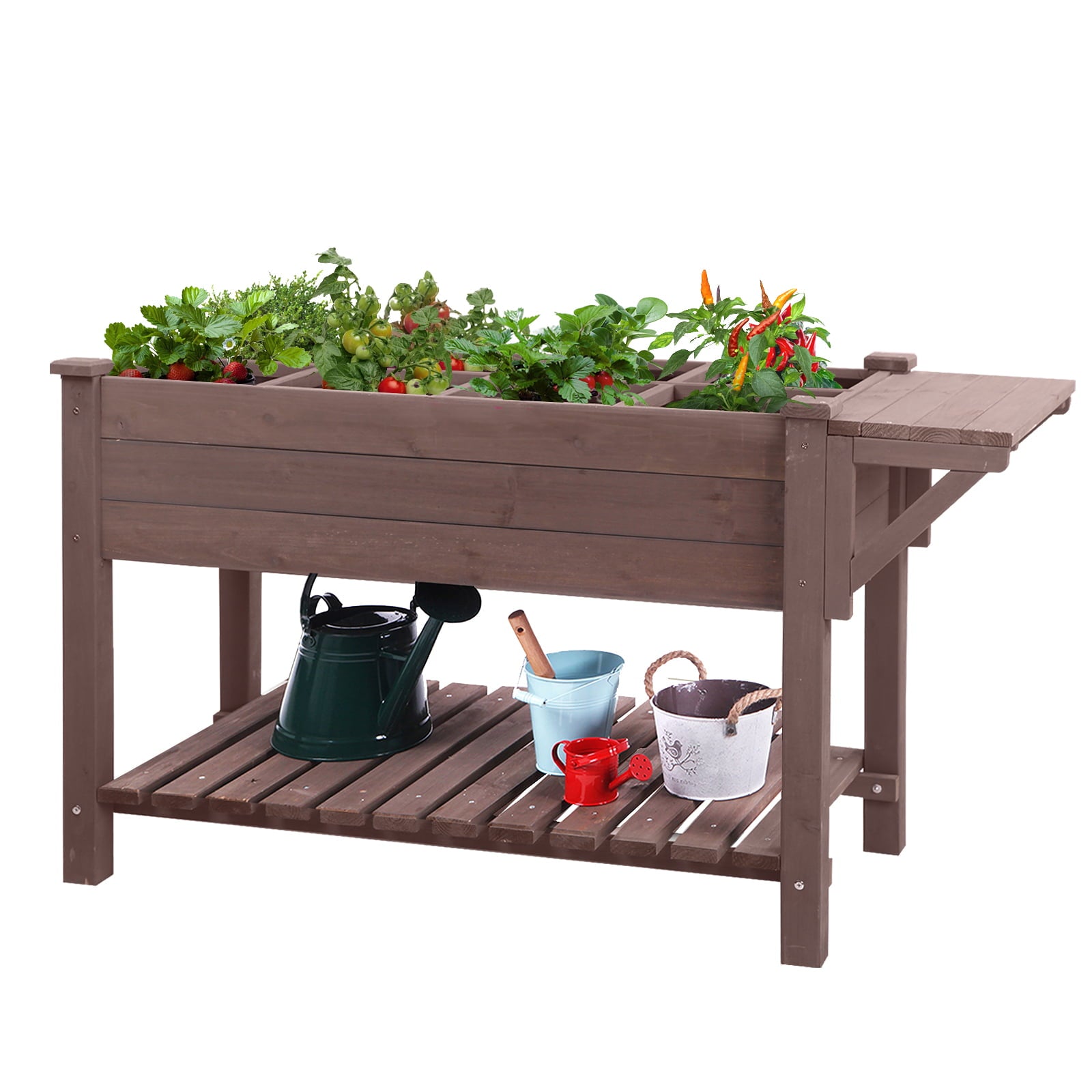 Morgete Wooden Raised Garden Bed with Shelf, Elevated Planter Box with Trellis, Outdoor Garden Kit for Herb