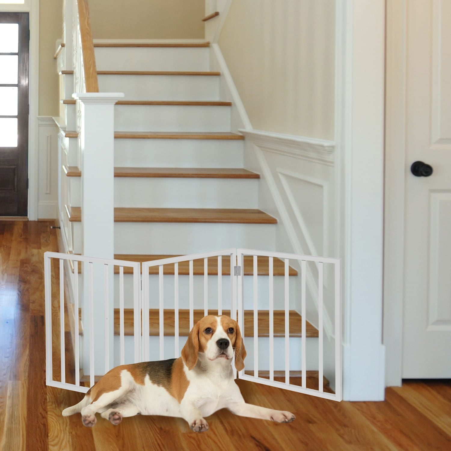 Freestanding Folding Wood Pet Gate -White Traditional Slat 54