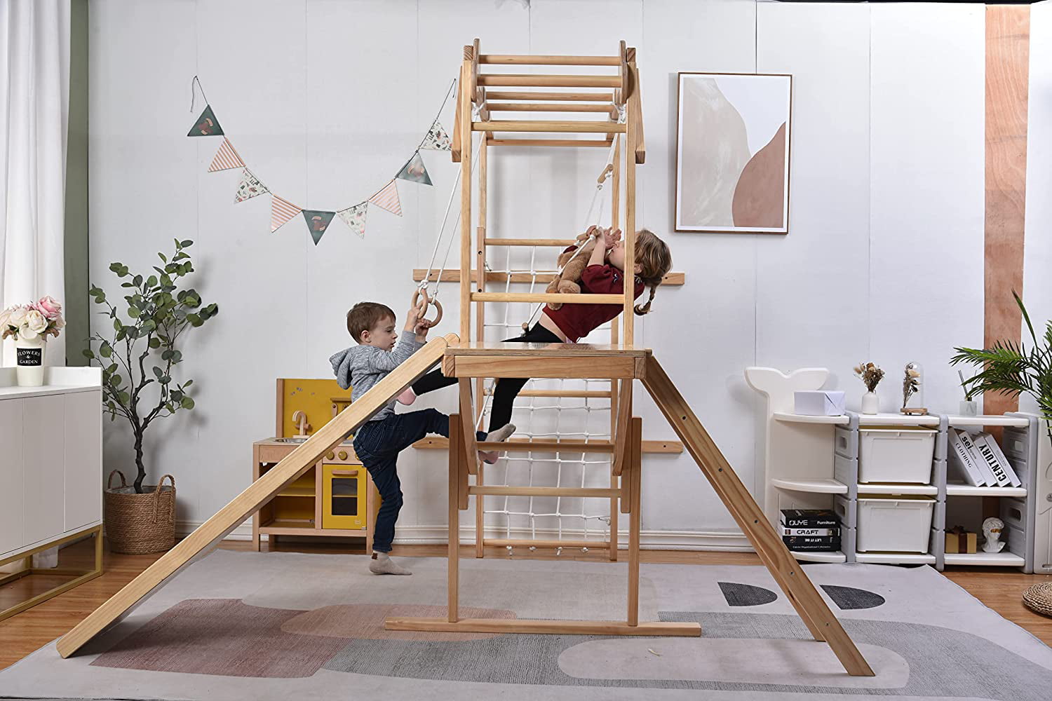 Avenlur Grove Indoor Jungle Gym Playground Wood PlaySet with Monkey Bars and Rope Wall Net， Kids Adventure， Ladder， Climber， Slide， Ring Set Play Structure Ages 2 - 11 (Large， Natural Wood)