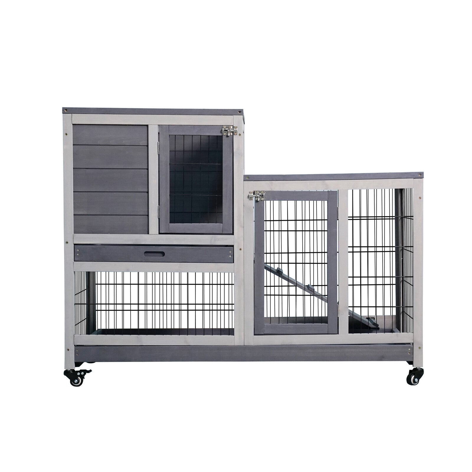 OVERDRIVE Removable Tray Ramp Wooden Outdoor Rabbit Hutch Small Animal Coop with Running Cage with Enclosed Run with Wheels， Ramp， Removable Tray Ideal