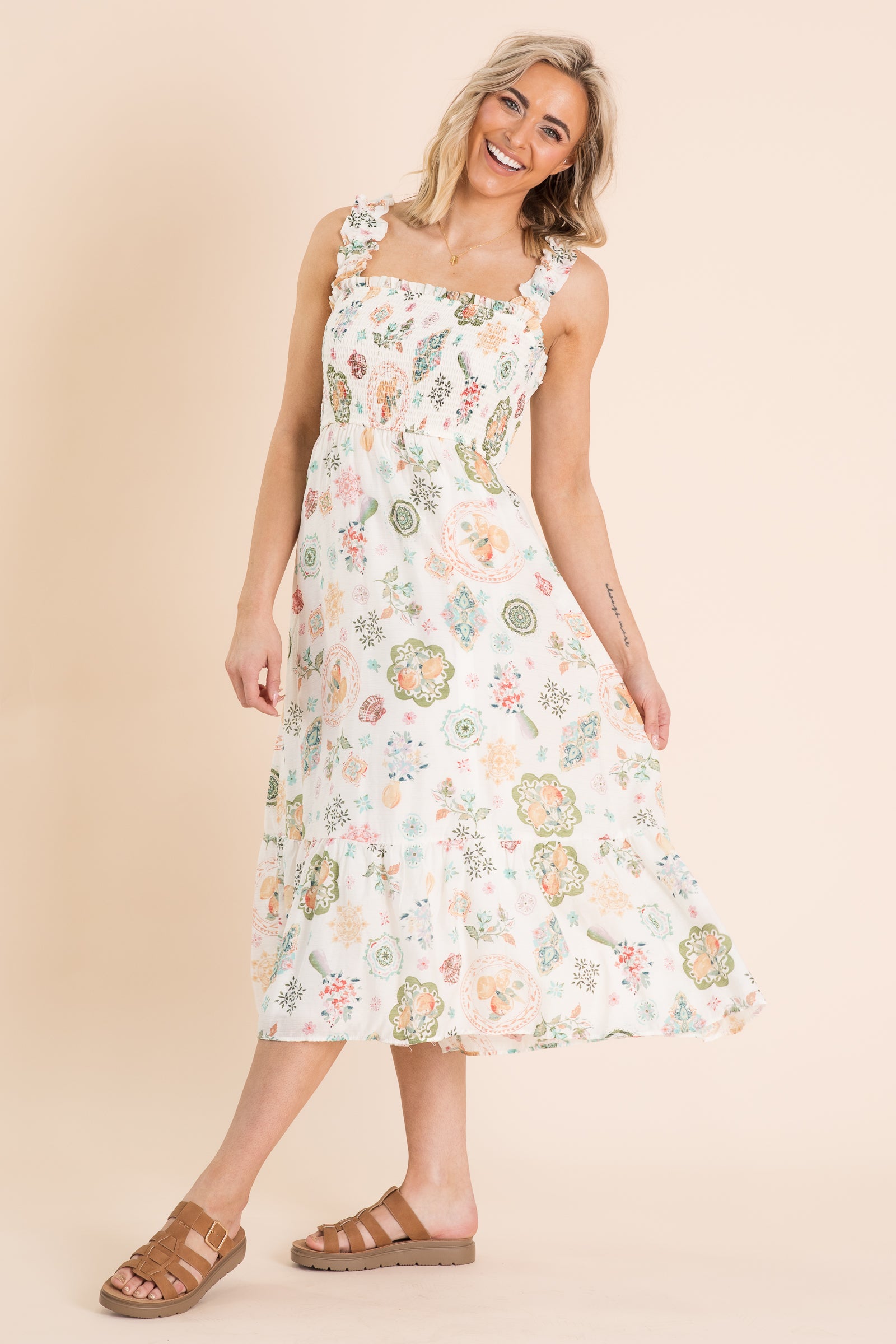 Ivory Smocked Top With Shell Print Midi Dress