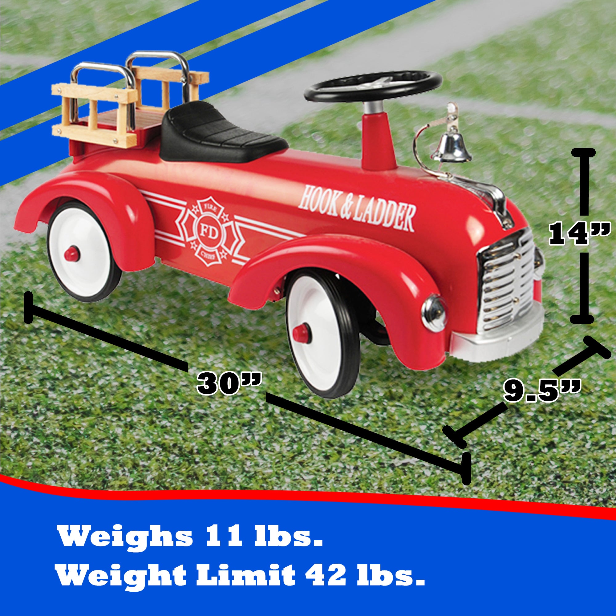 Constructive Playthings Kids Hook and Ladder Fire Truck Ride-On Car， Red，Unisex