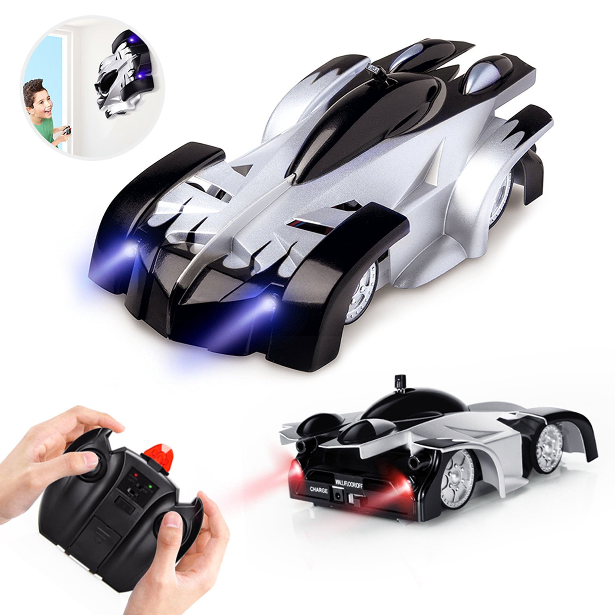 Wupuaait Wall Climb Wireless Remote Control Car， 360 Degree Rotation Stunt RC Cars for 3-12 Kids， Silver