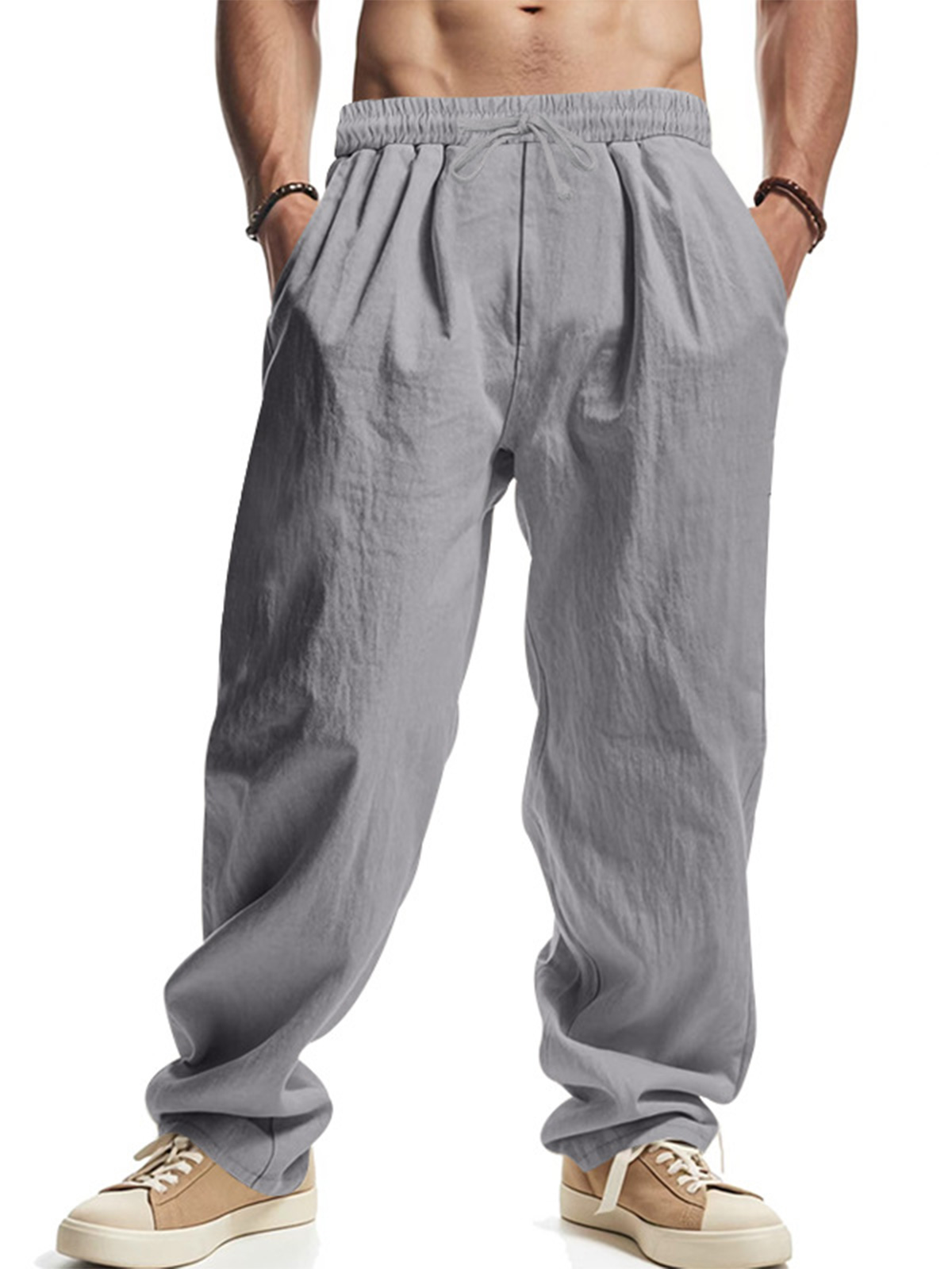 Men's Daily Casual Loose Linen Drawstring Solid Color Trousers