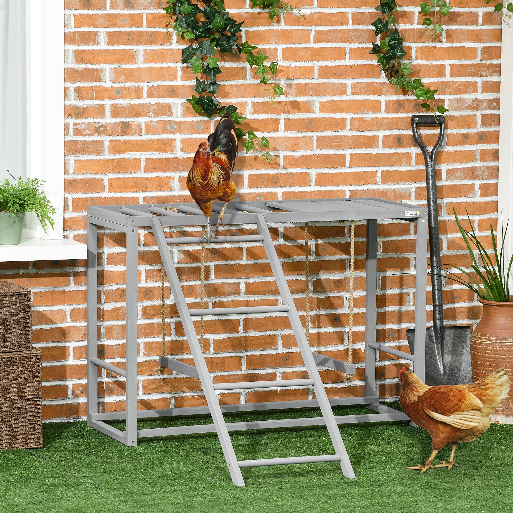 PawHut Chicken Activity Play with Swing Set for 3-4 Birds， Wooden Chicken Coop Accessory with Multiple Chicken Perches and Hen Ladder