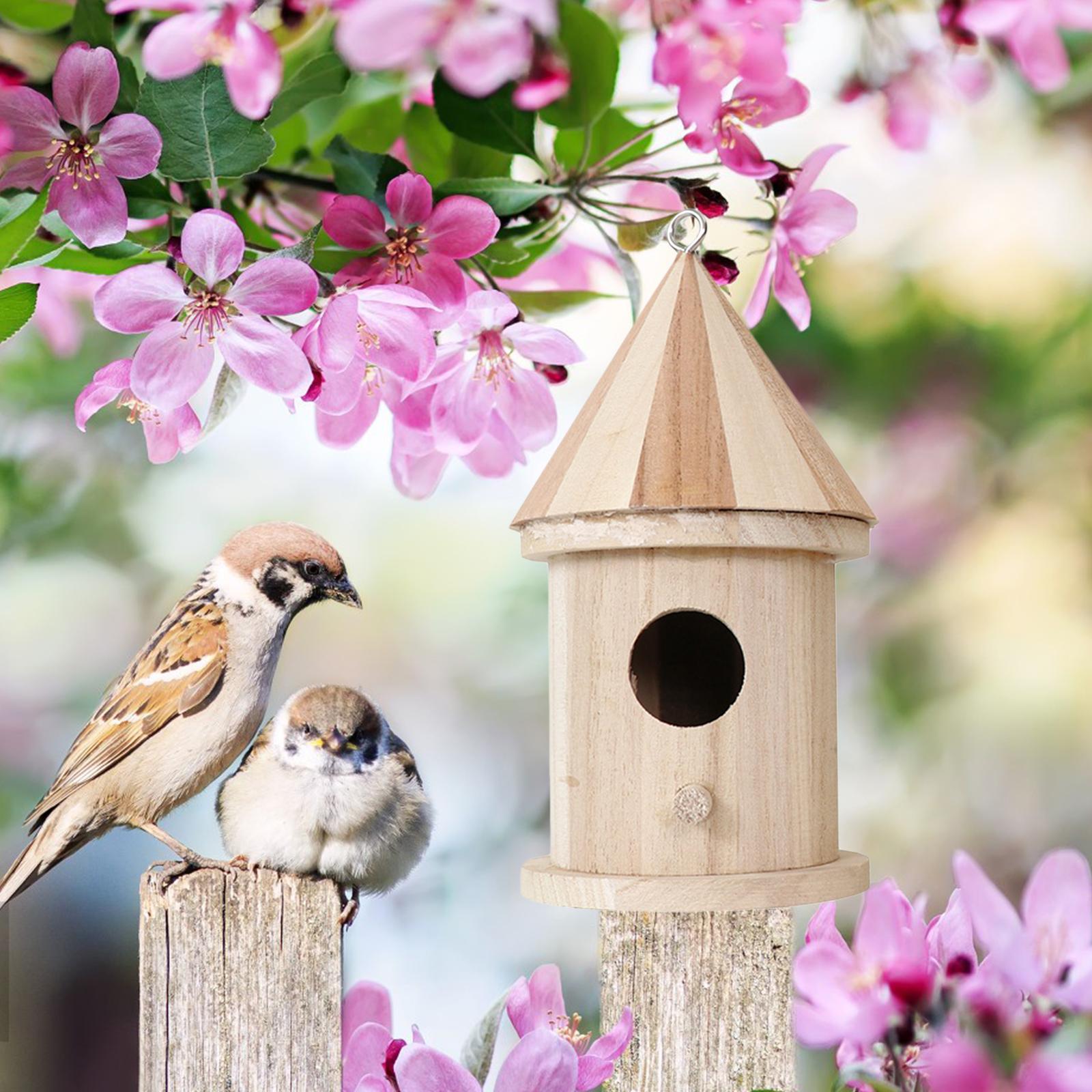 Unfinished Wooden Bird House with Pole DIY Decoration Outdoor Bird Feeder for Round Hole