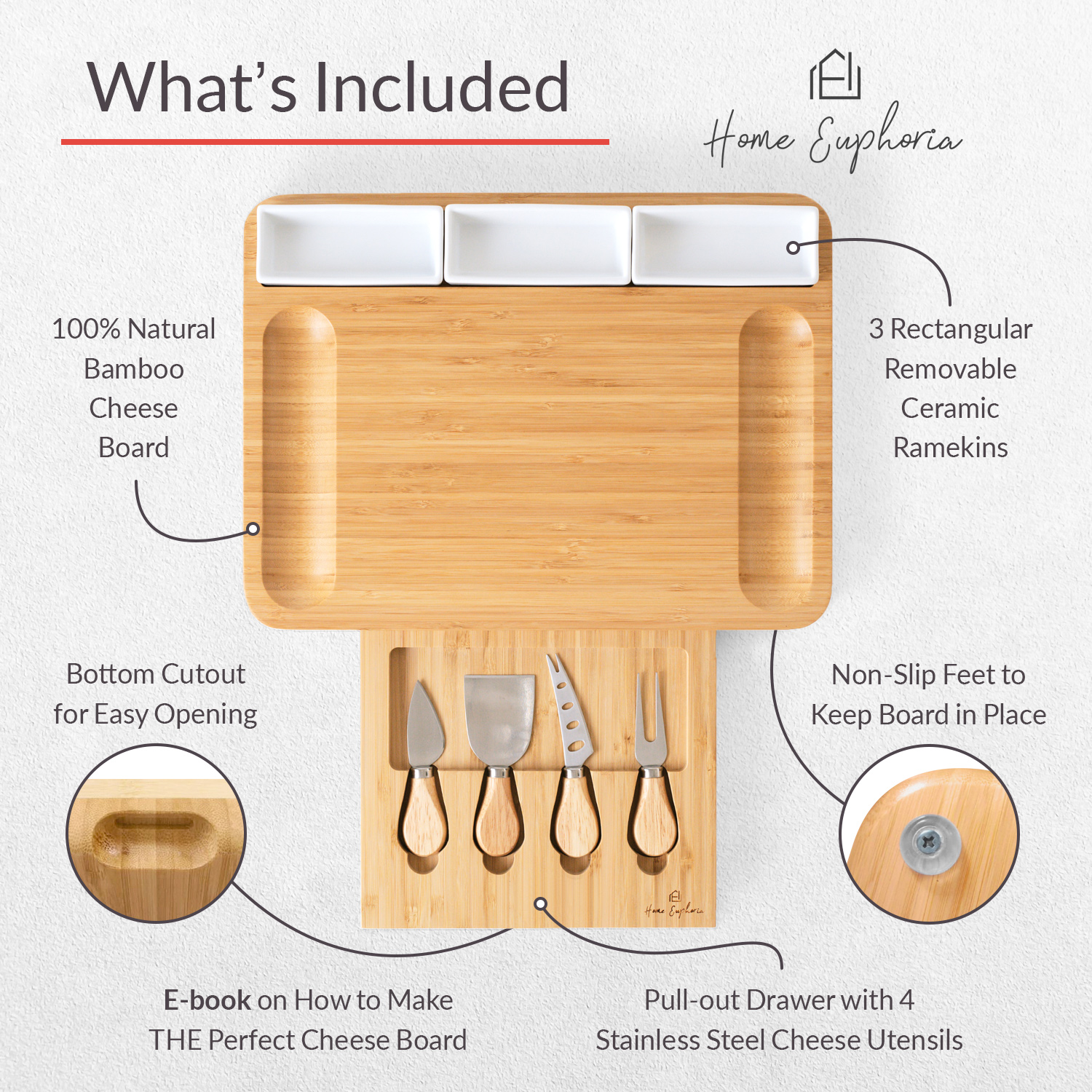 Natural Bamboo Cheese Board and Cutlery Set with Rectangular Ceramic Ramekins.