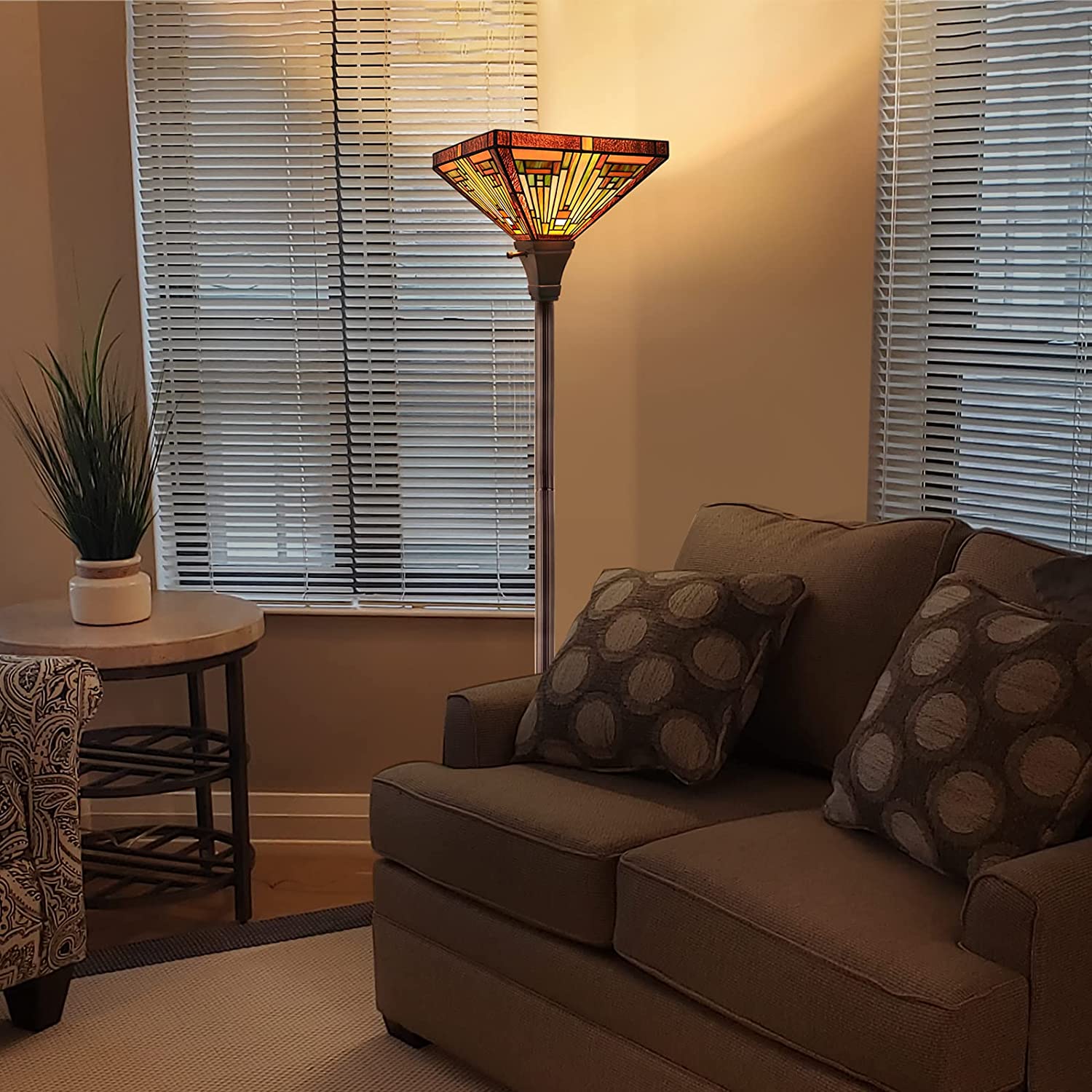 BBNBDMZ  Style Torchiere Floor Lamp Amber Brown Stained Glass 70" Tall Industrial Blackish Bronze Pole Torch Standing Light Decor for Living Room Bedroom Office