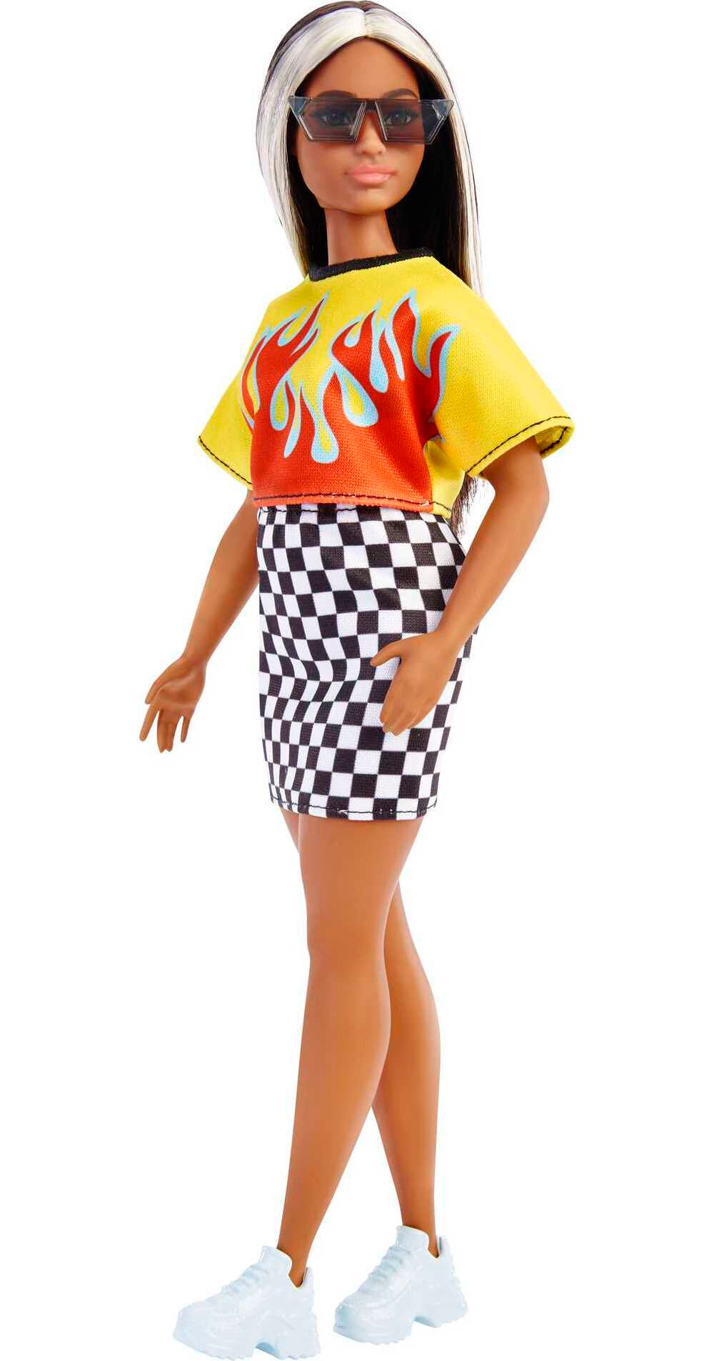 Barbie Fashionistas Doll #179, Curvy with Long Highlighted Hair in Crop Top & Checkered Skirt
