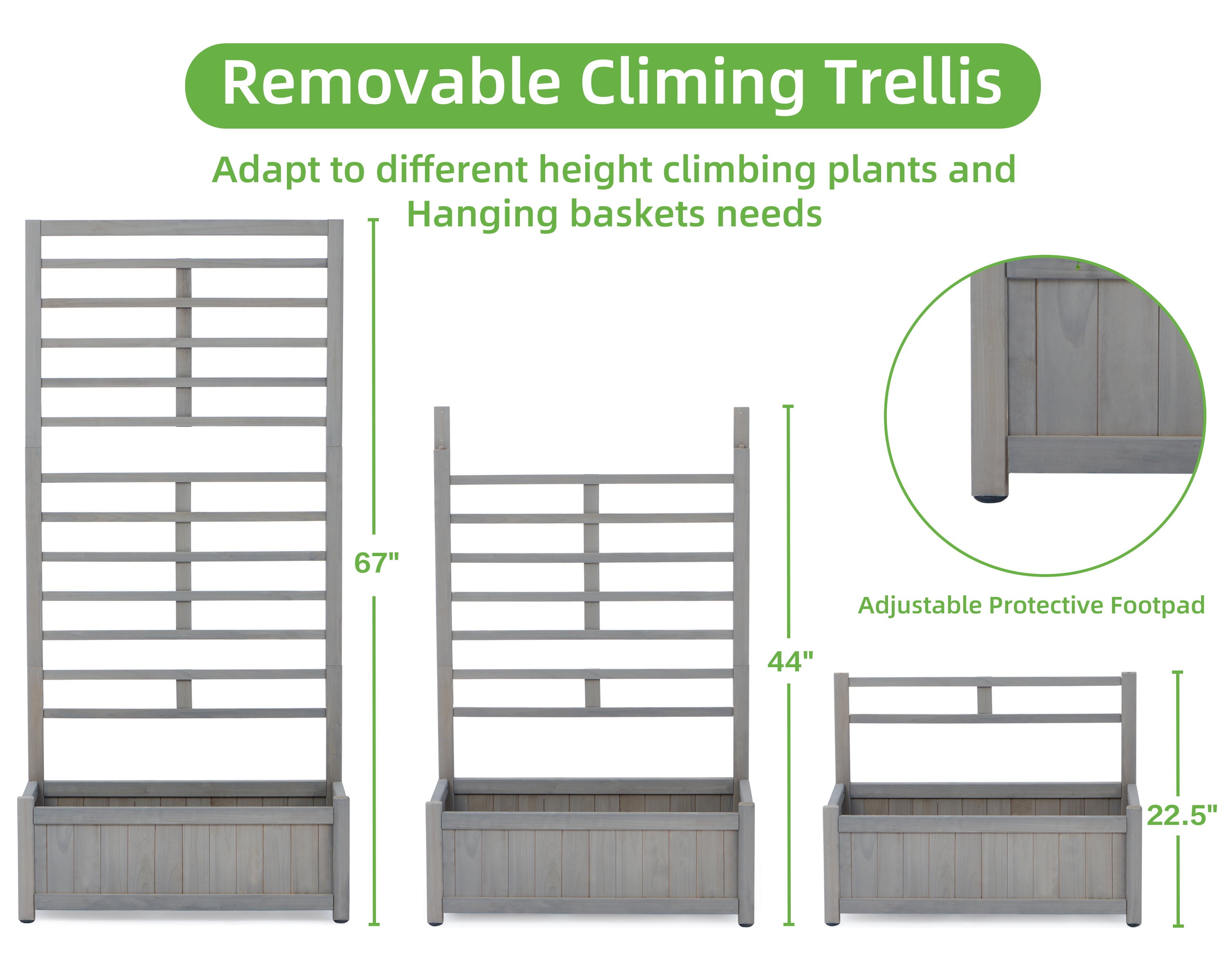 D-road 31.5x16x67" Wooden Raised Garden Bed W/ Adjustable Trellis, Climbing Racks Patio Planter Box, Gray