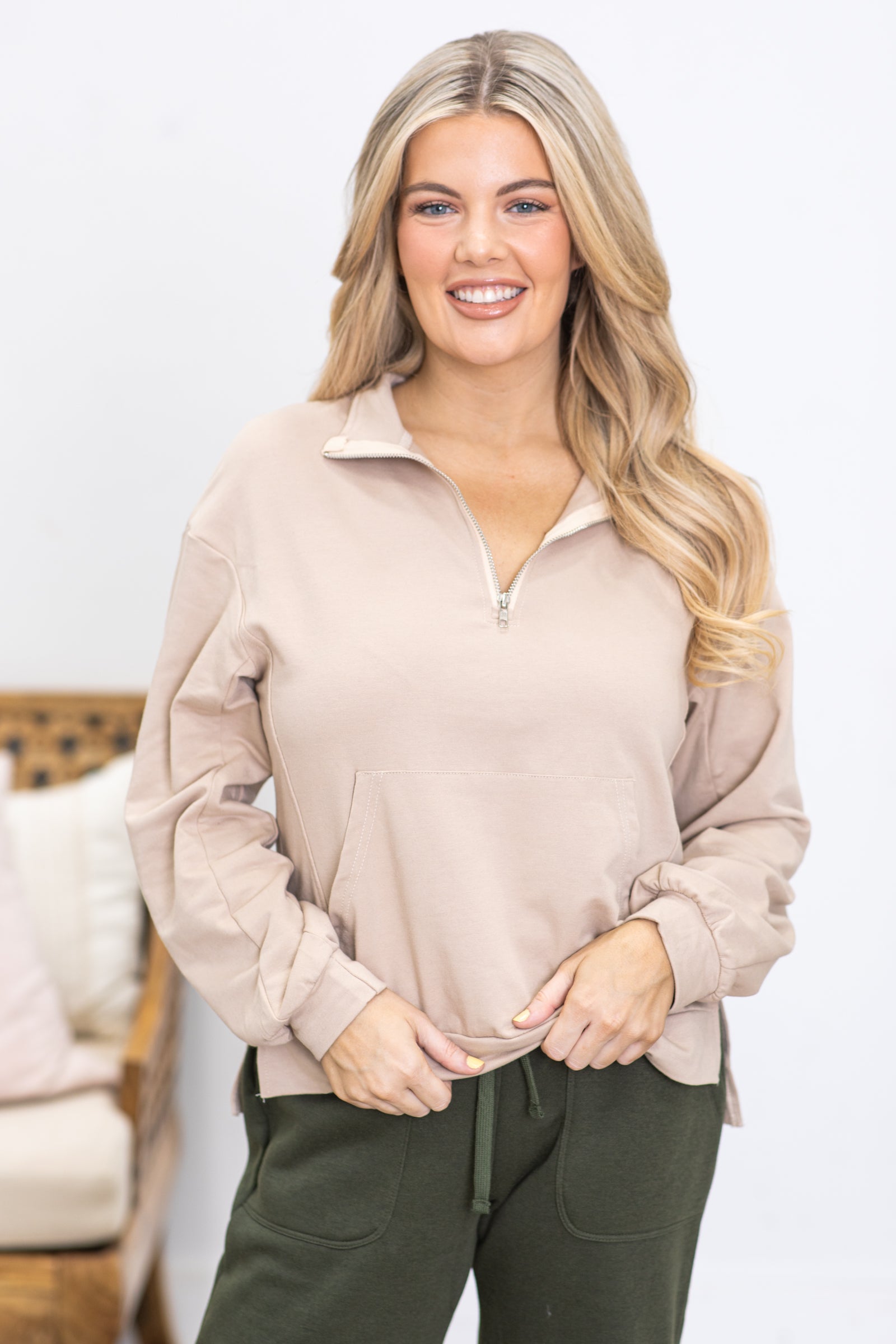 Beige Kangaroo Pocket Half-Zip Up Top