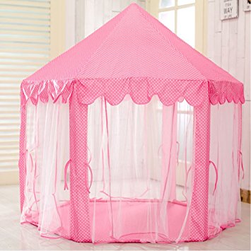 Kids Play Tent Princess Castle,Super Fantasy Pink Princess Castle Playhouse Canopy Tent with LED Light Indoor and Outdoor Fun