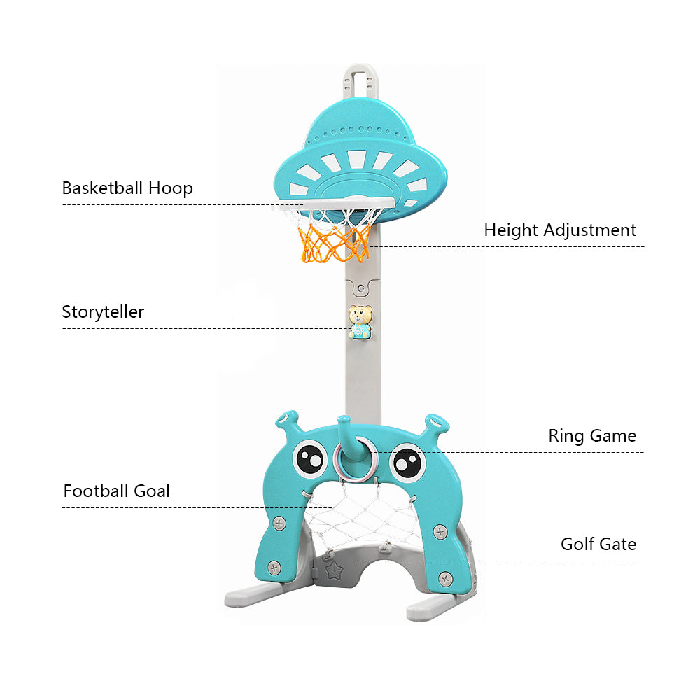 Kids Basketball Hoop 5 in 1 Toddlers Grow with Me Sports Activity Center Football Soccer Goal Golf Game Ring Toss Set for Indoor Outdoor， 3.8 to 5 Feet Height Adjustable， Green