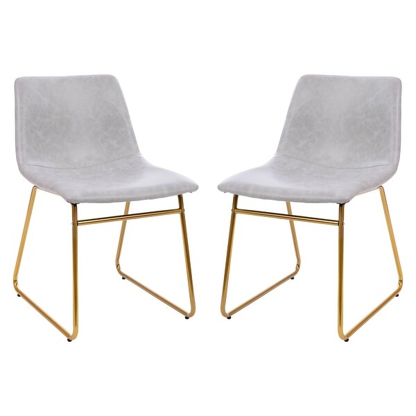 18 inch Dining Table Height Chair， Mid-Back Sled Base Dining Chair in Light Gray LeatherSoft with Gold Frame， Set of 2