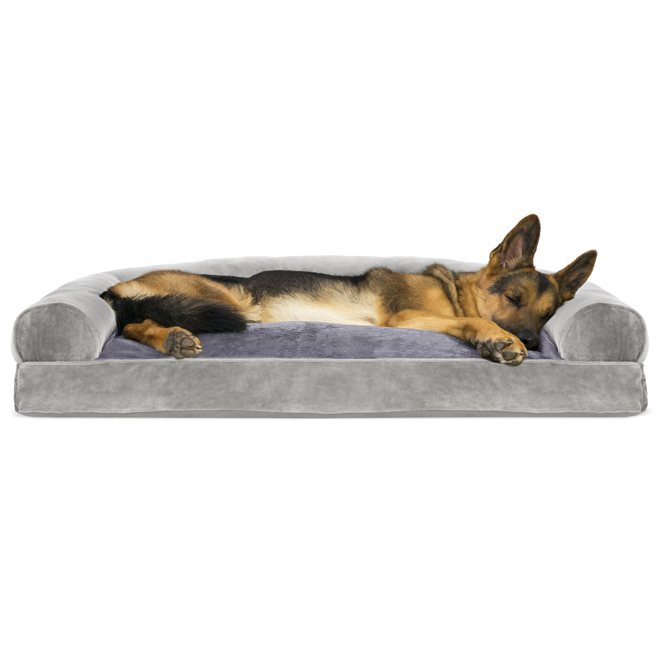FurHaven | Faux Fur and Velvet Pillow Sofa Pet Bed for Dogs and Cats， Smoke Gray， Jumbo