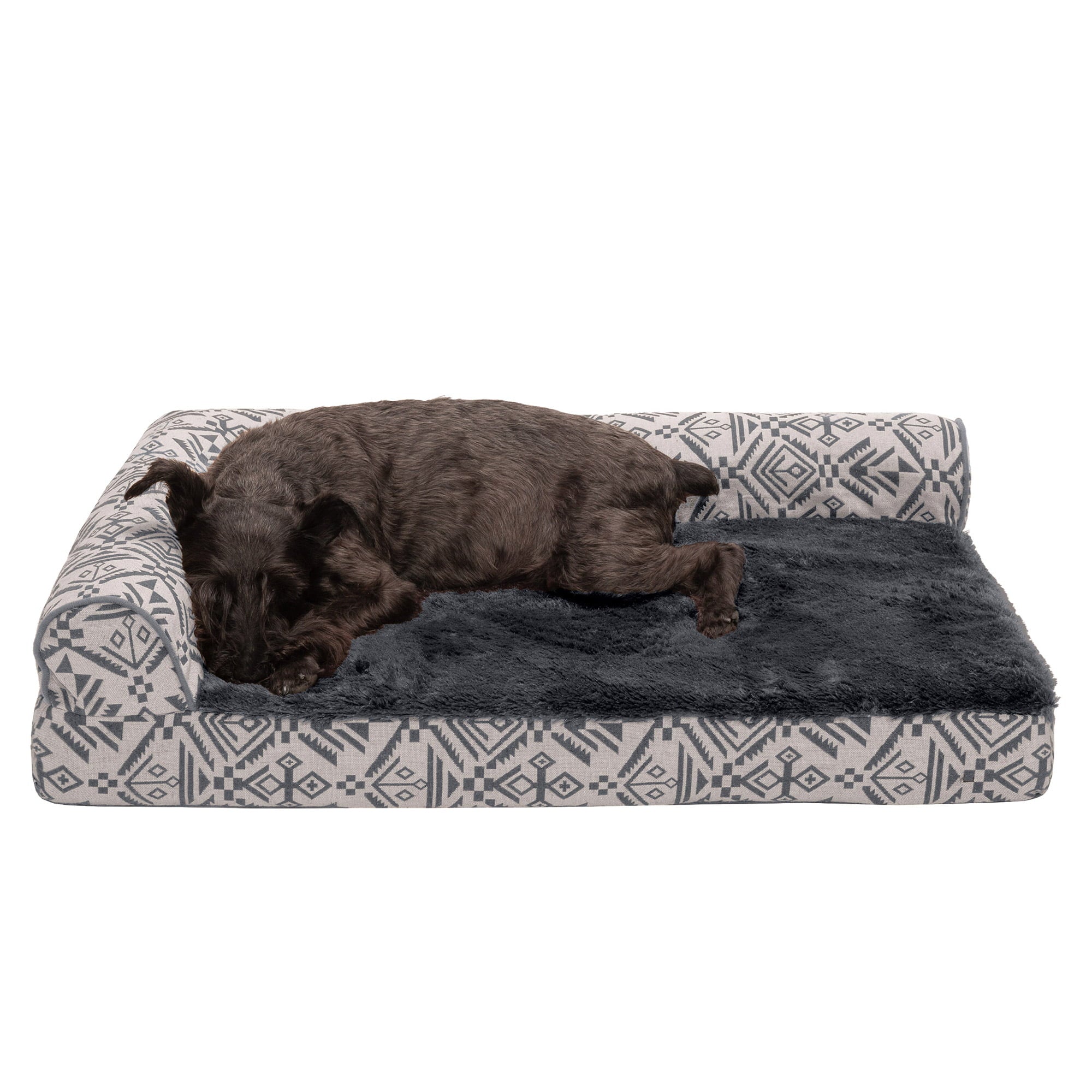 FurHaven Pet Products | Deluxe Orthopedic Southwest Kilim L-Chaise Lounge Pet Bed for Dogs and Cats - Boulder Gray， Medium