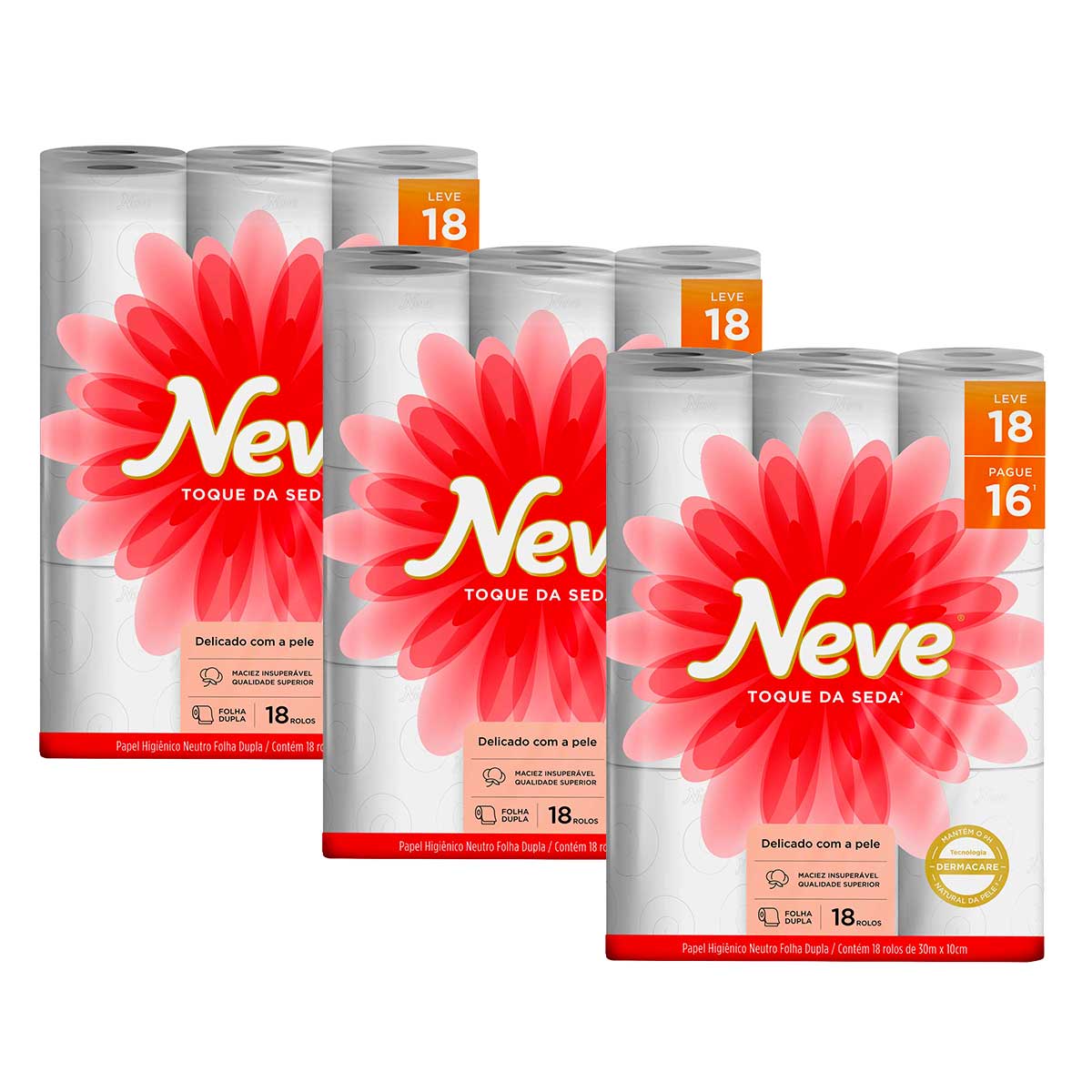 Kit Papel Higienico Folha Dupla Neutro Neve Toque da Seda 30 Metros Leve 18 Pague 16 Unidades 3 Packs