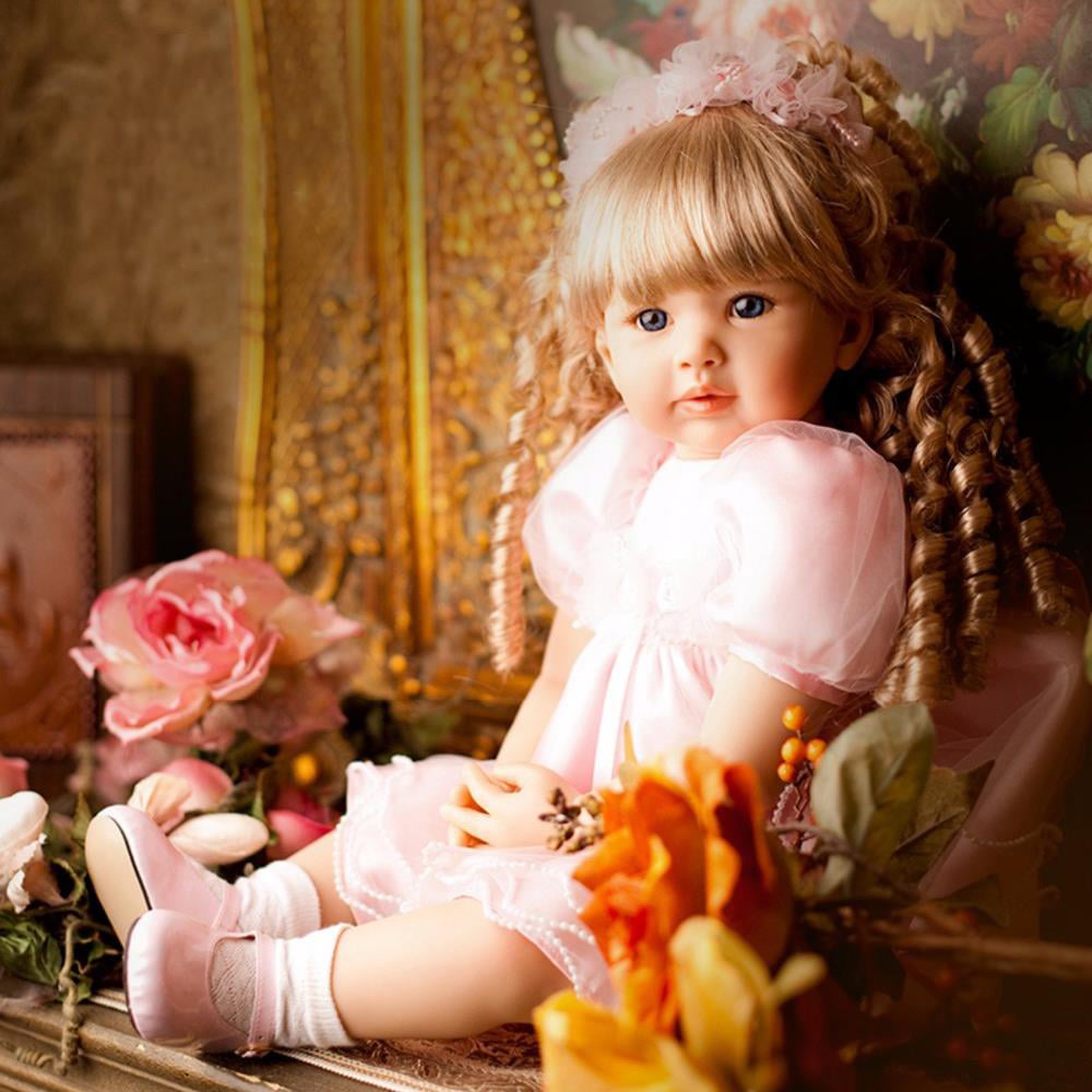 Ktaxon 24" Lovely Silicone Baby Doll Golden Curly Girl Wearing Pink Princess Dress