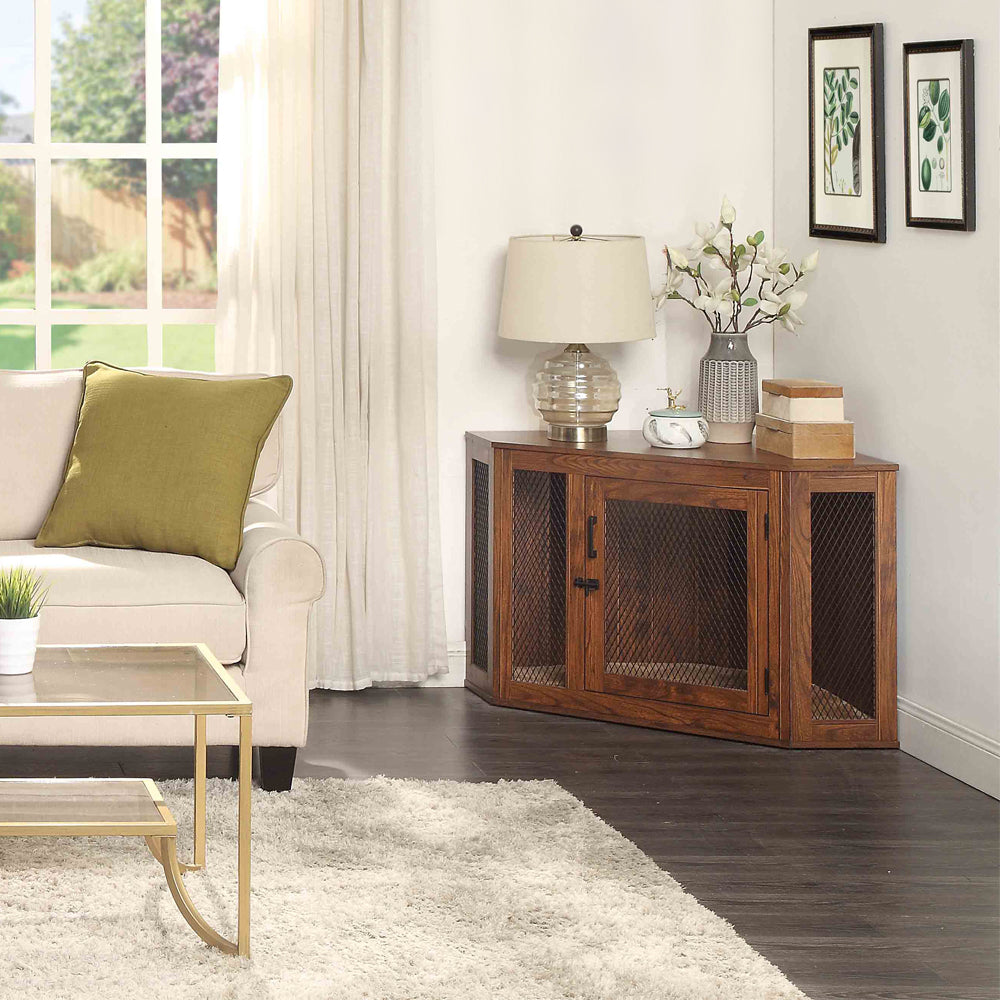 Unipaws Corner Dog Crate， Dog Crate furniture with Cushion， Dog Kennel with Wood and Mesh， Dog House for Limited Room (Medium， Walnut)