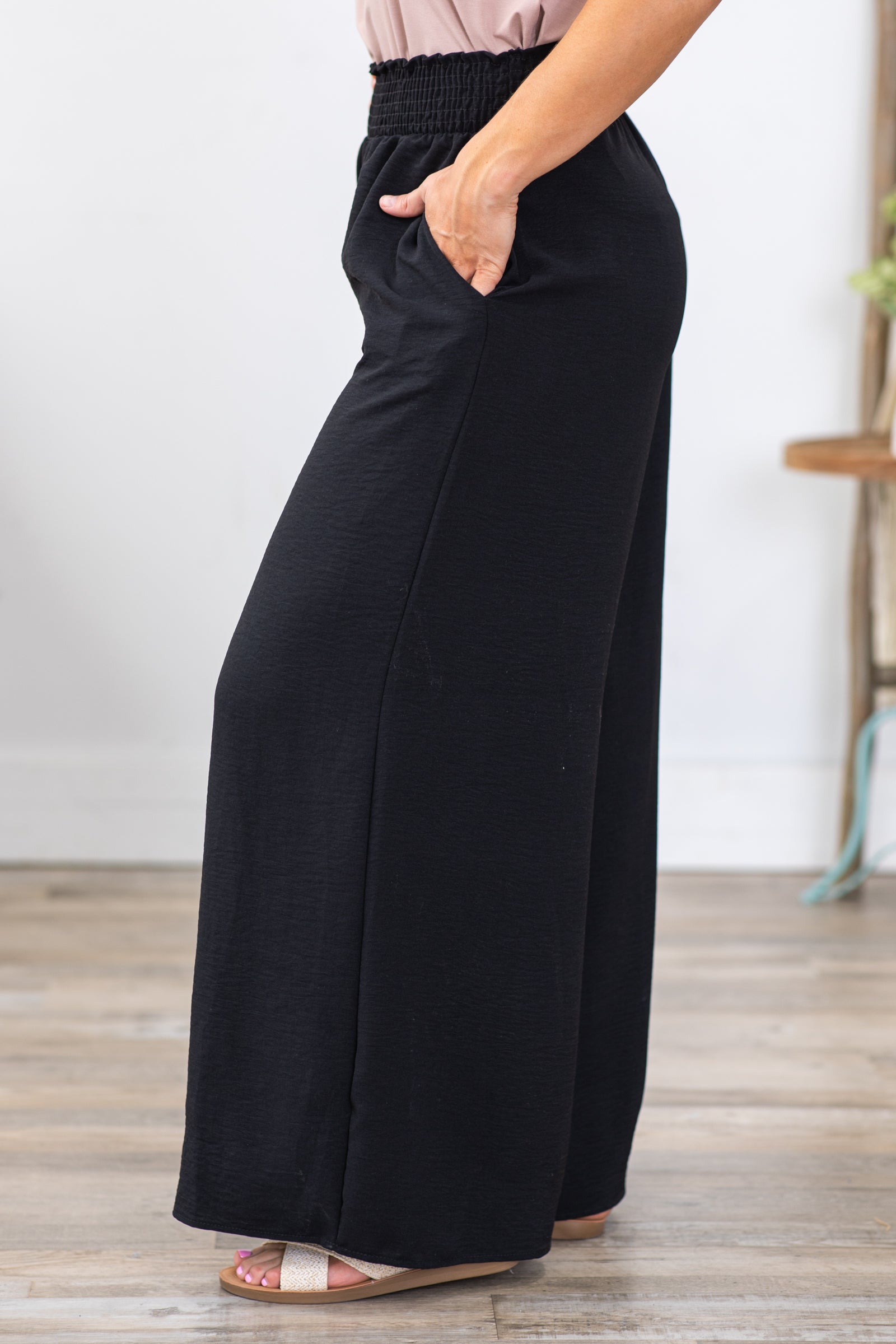 Black Smocked Waist Woven Air Flow Pants