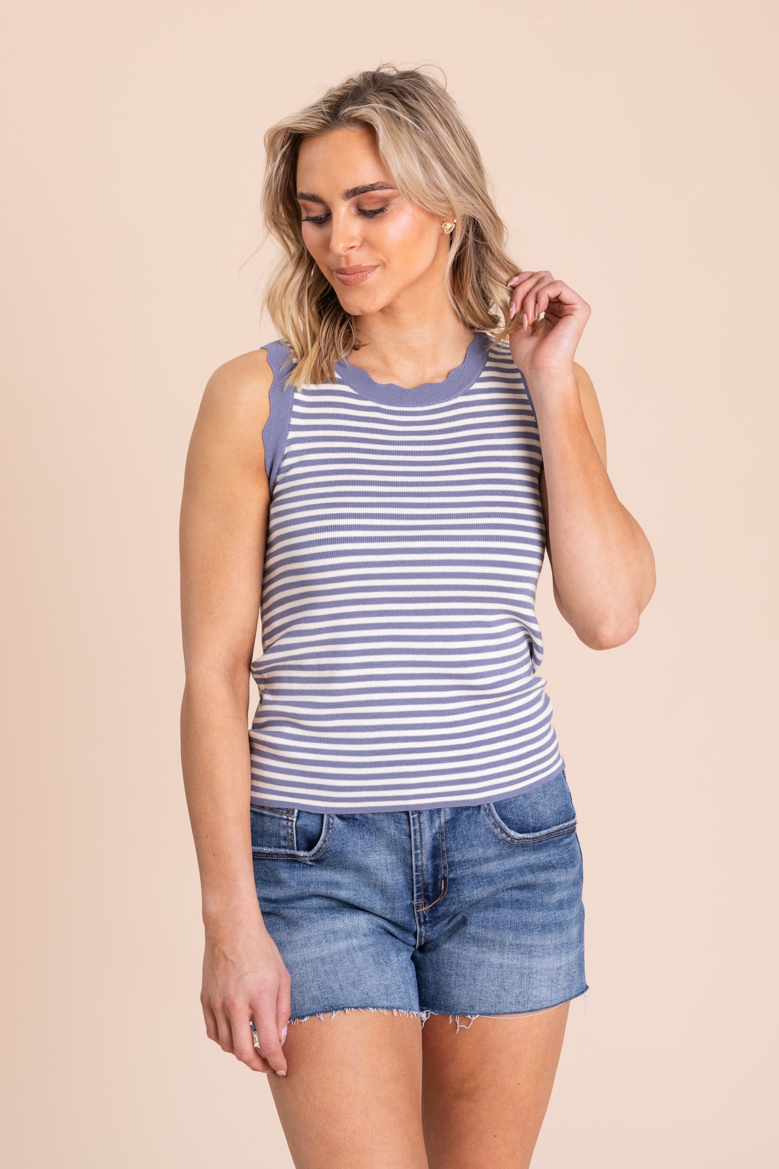 Stripe Scallop Detail Sweater Knit Tank