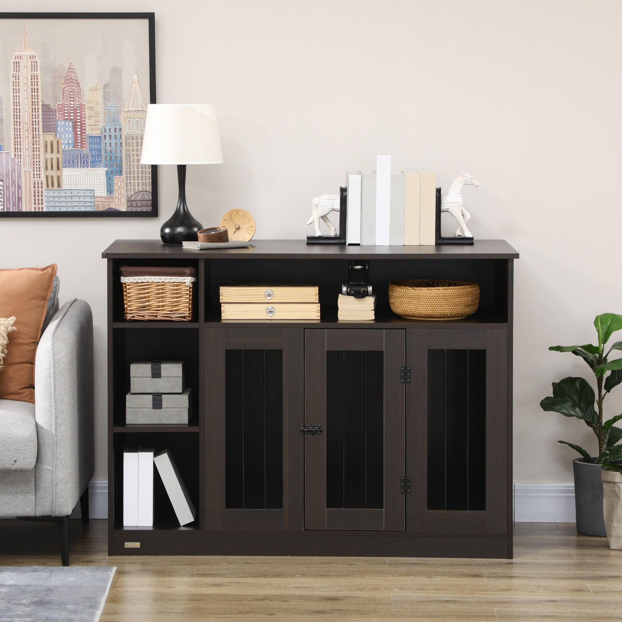 PawHut Dog Crate Furniture with Storage Space， Dog Kennel with Lockable Door， Pet Cage for Large Medium Dogs， 47