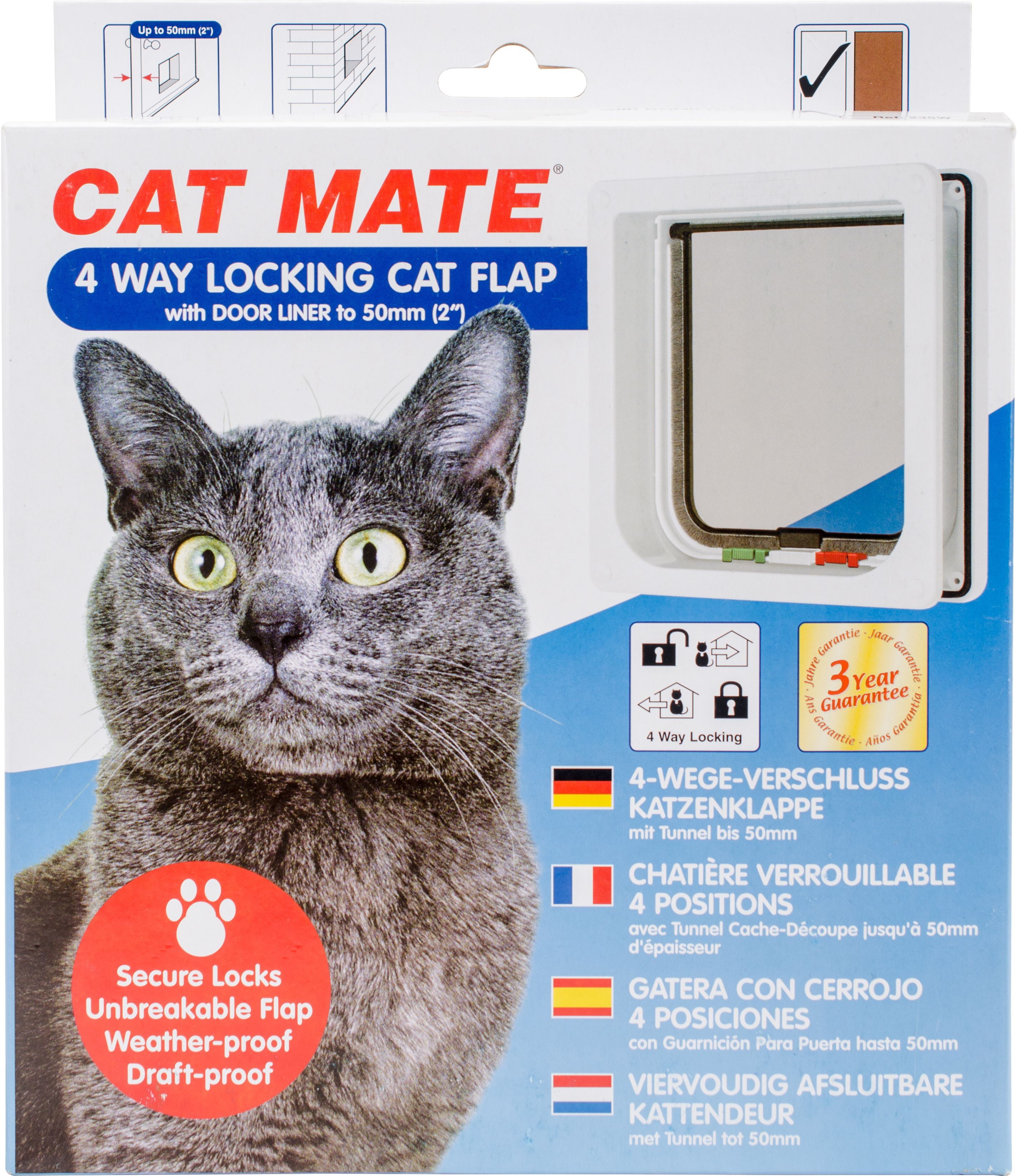 Cat Mate 4 Way Locking Cat Flap W/Door Liner-White， Transparent Flap and Magnetic Catch