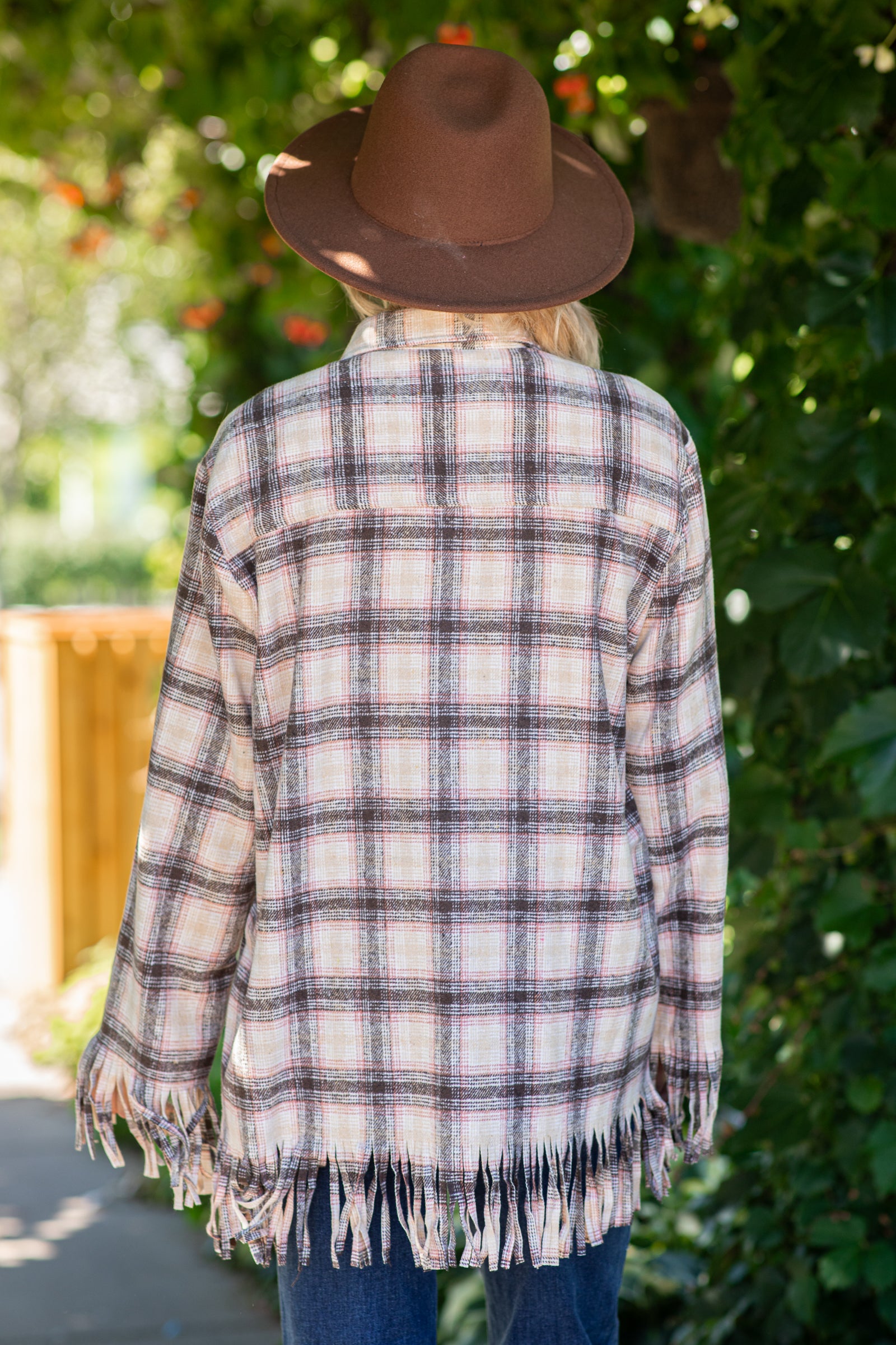 Tan Fringe Hem Plaid Shacket