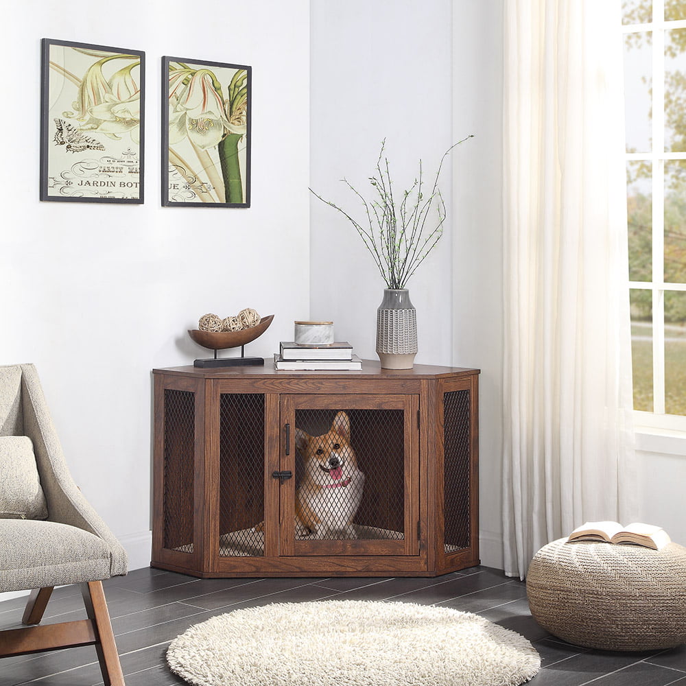 Unipaws Corner Dog Crate， Dog Crate furniture with Cushion， Dog Kennel with Wood and Mesh， Dog House for Limited Room (Medium， Walnut)