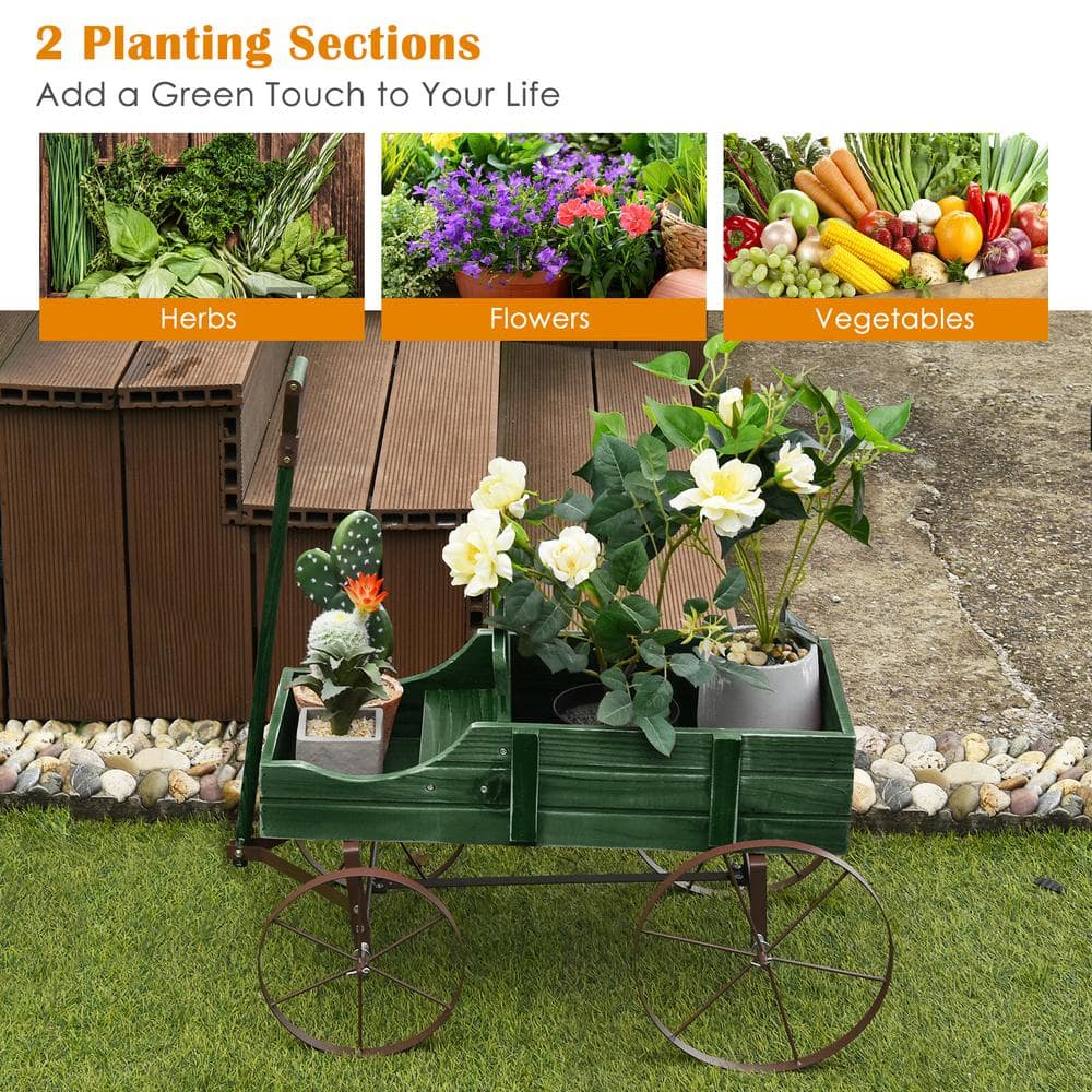 HONEY JOY Wooden Garden Flower Planter Wagon Wheel Plant Bed Decorative Garden Planter for Backyard Garden Green TOPB004890