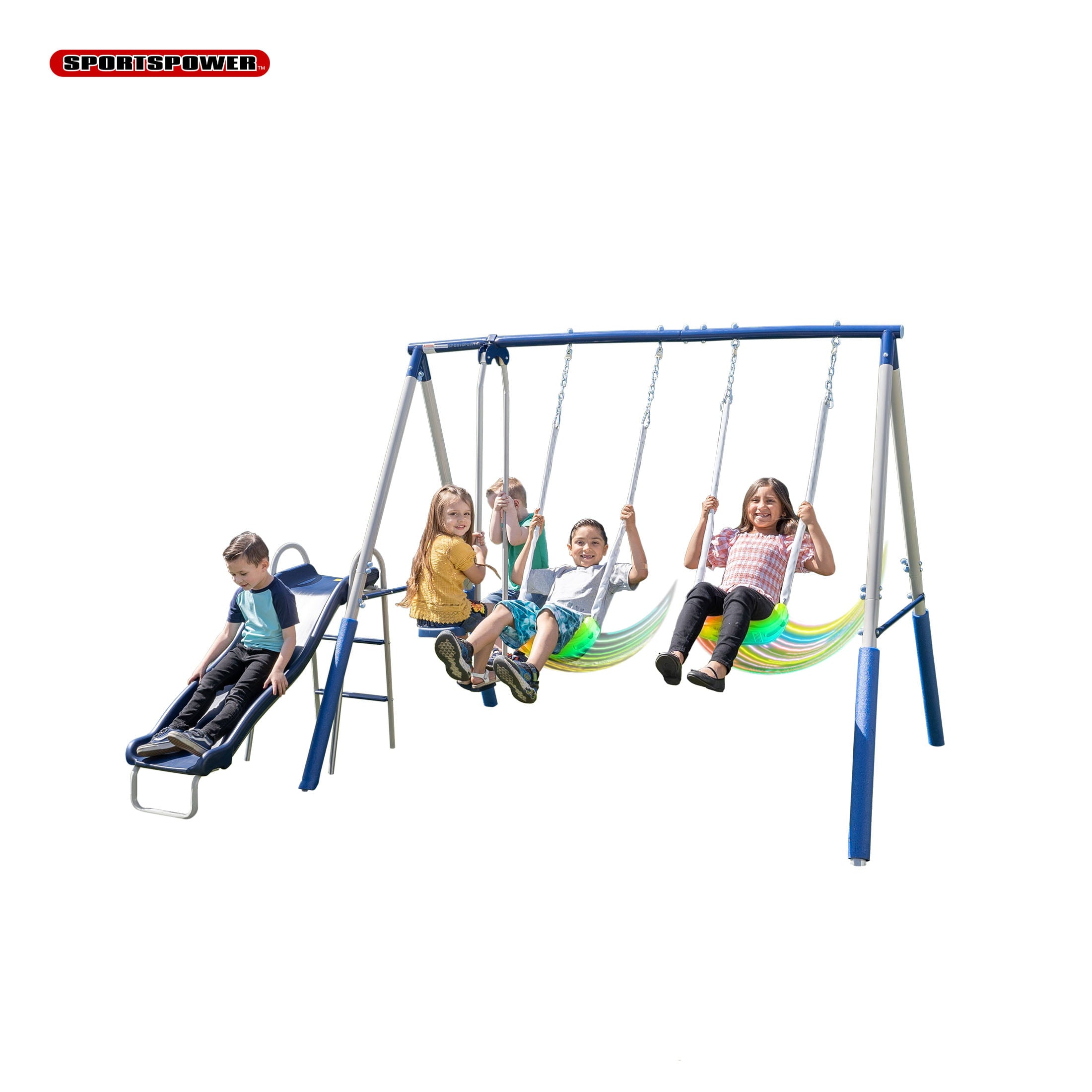 Sportspower Super Lights Metal Swing Set with LED Swing Seats， 2 Person Glider and 5-ft Slide
