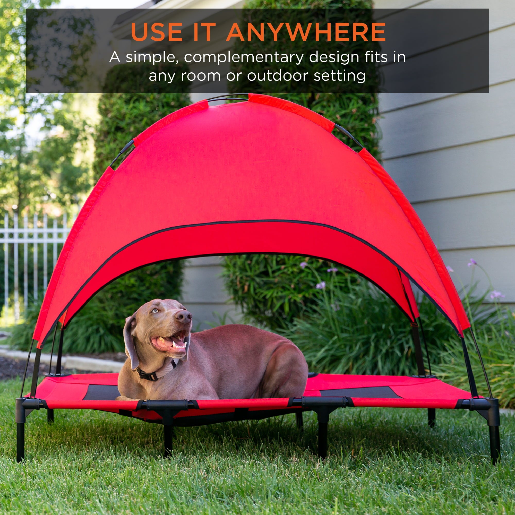 Best Choice Products 48in Elevated Cooling Dog Bed， Outdoor Raised Mesh Pet Cot w/ Removable Canopy， Carrying Bag - Red