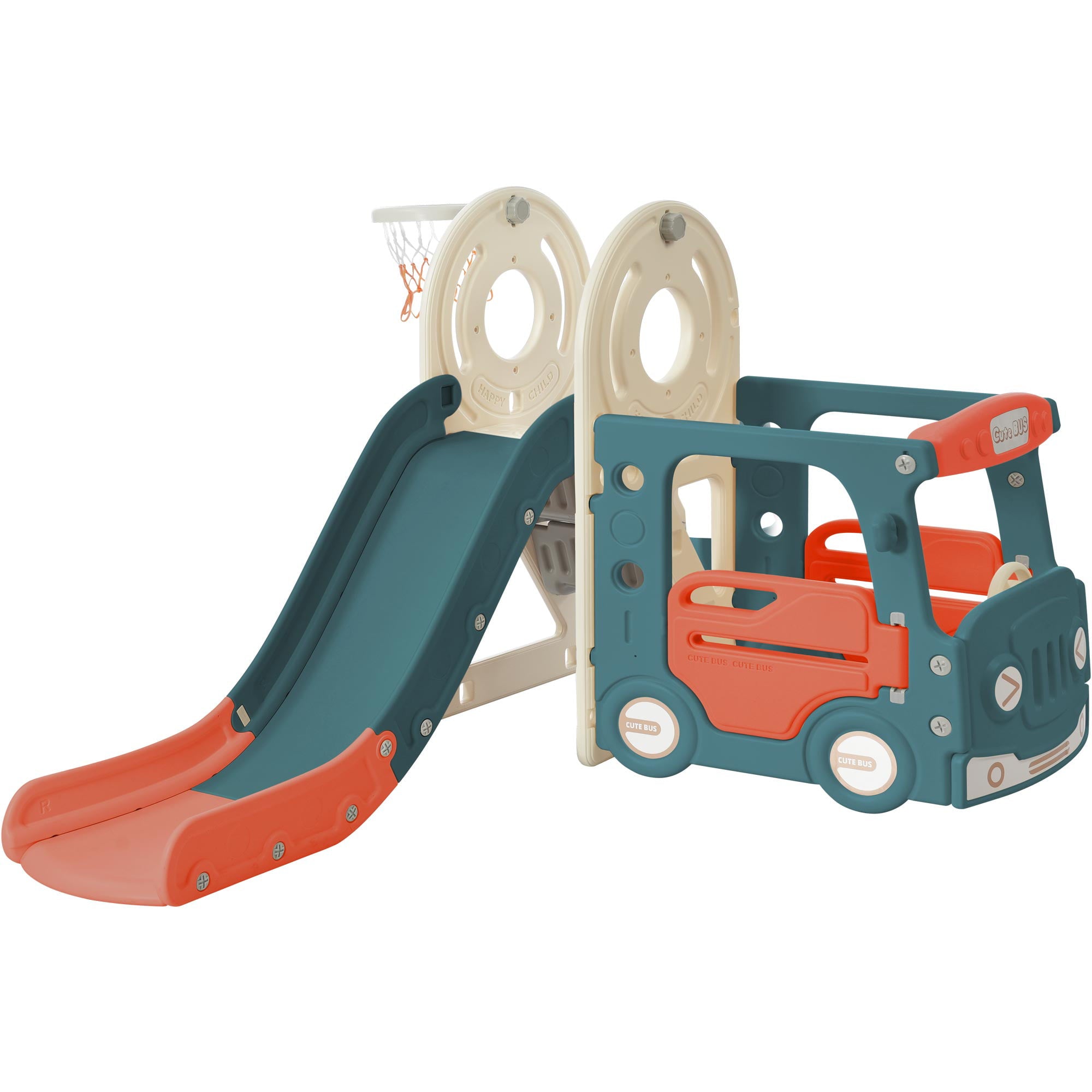 Kids Slide with Bus Play Structure， Freestanding Bus Toy with Slide for Toddlers， Bus Slide Set with Basketball Hoop