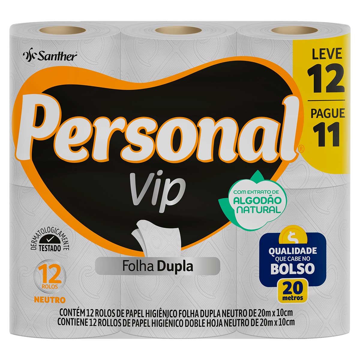 Papel Higienico Folha Dupla Neutro Personal Vip 20m Leve 12 Pague 11 Unidades