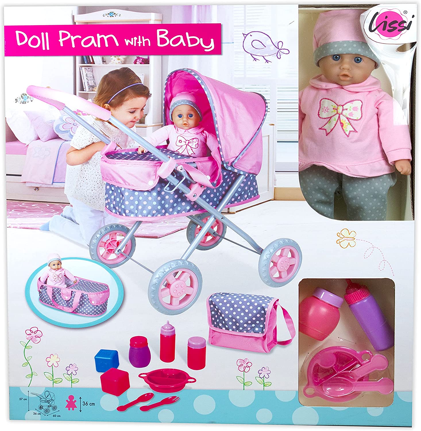 Lissi Soft Baby Doll with Baby Pram Doll Playset, 11 Pieces