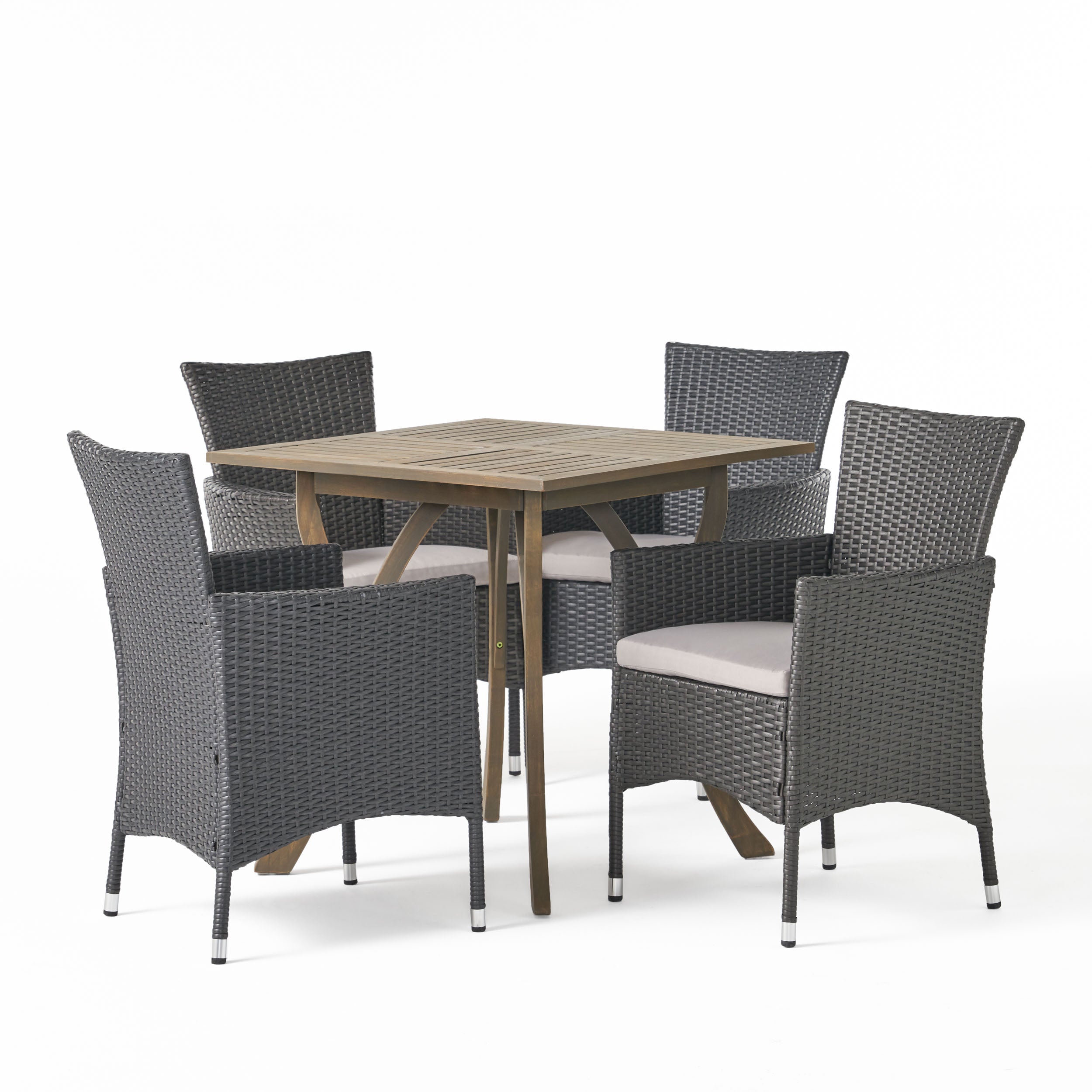 James Outdoor 5 Piece Wood and Wicker Square Dining Set, Gray and Gray