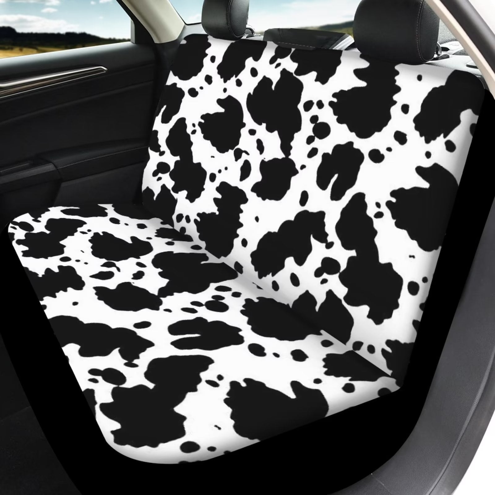 Diaonm Auto Seat Cover for Car Full Set 4 Piece Women Black and White Cow Seat Covers for Car Truck Auto SUV Van Car Accessories Front and Rear Bench Cushion Cover