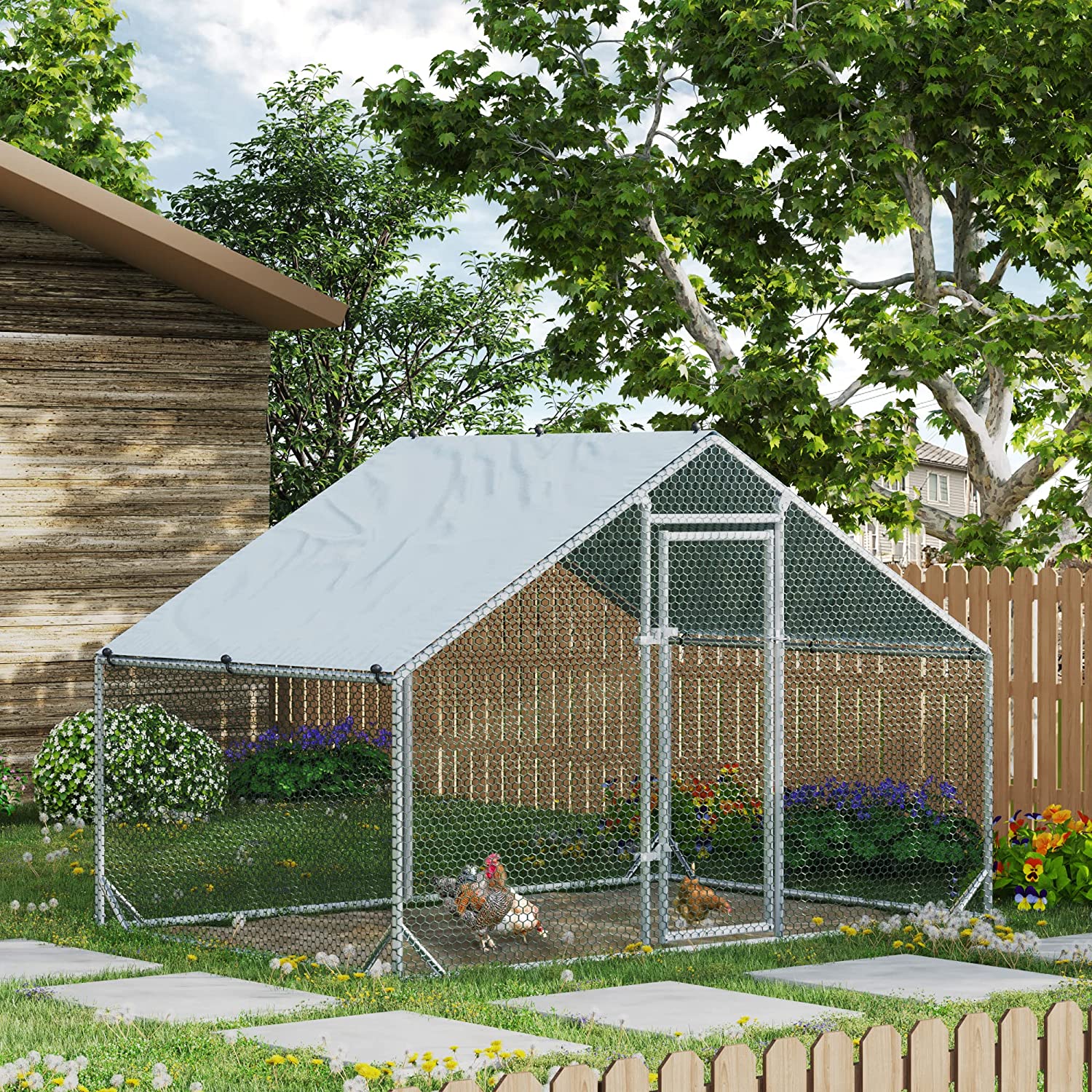 Chicken Coop Run Large Metal Chicken Pen For 6-8 Chicken， Walkin Chicken Run， Poultry Cage with Waterproof Cover for Backyard Farm