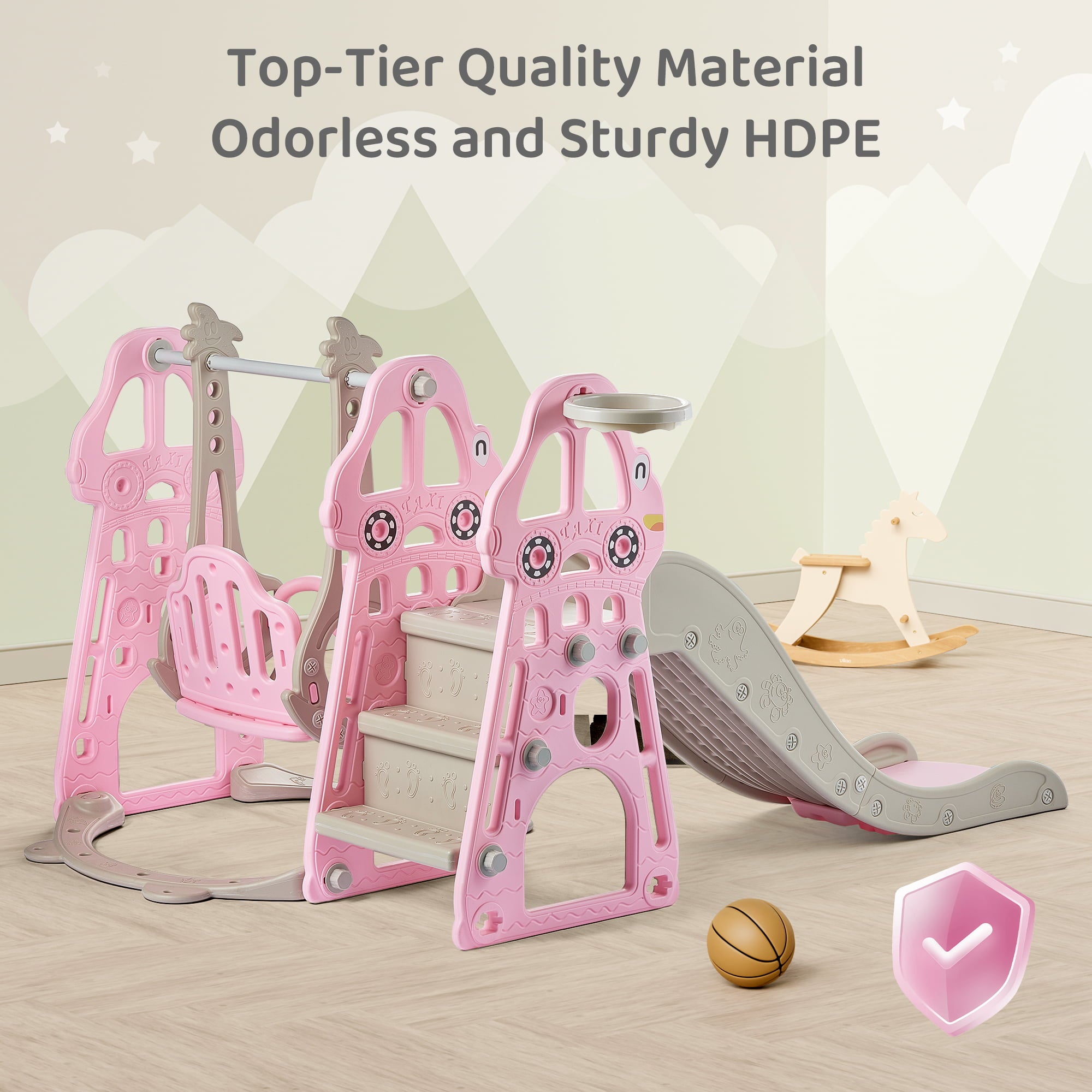 DUKE BABY 4-in-1 Kids Swing and Slide Set for Toddler Age 1-6， Extra Large Baby Indoor Outdoor Activity Playground with Basketball Hoop and Climber – Pink