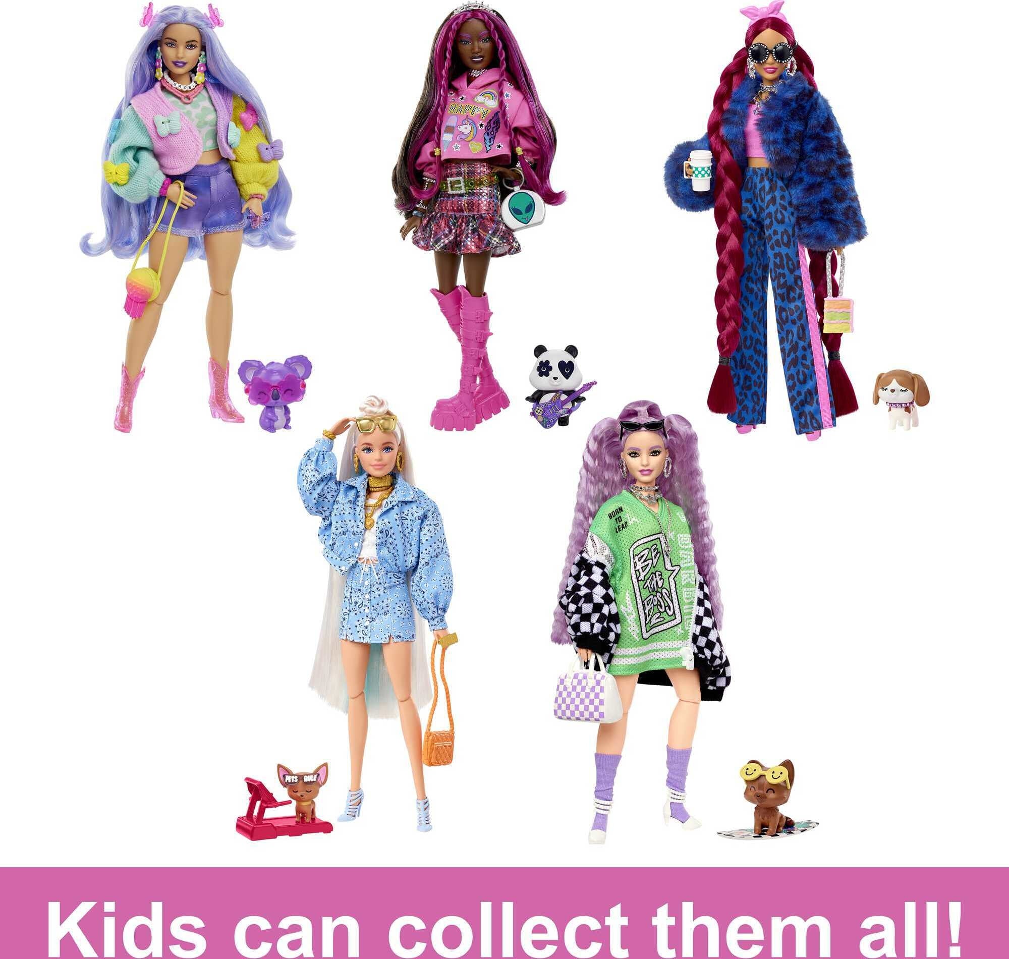 Barbie Extra Fashion Doll with Pink-Streaked Brunette Hair in Graphic Hoodie with Accessories & Pet