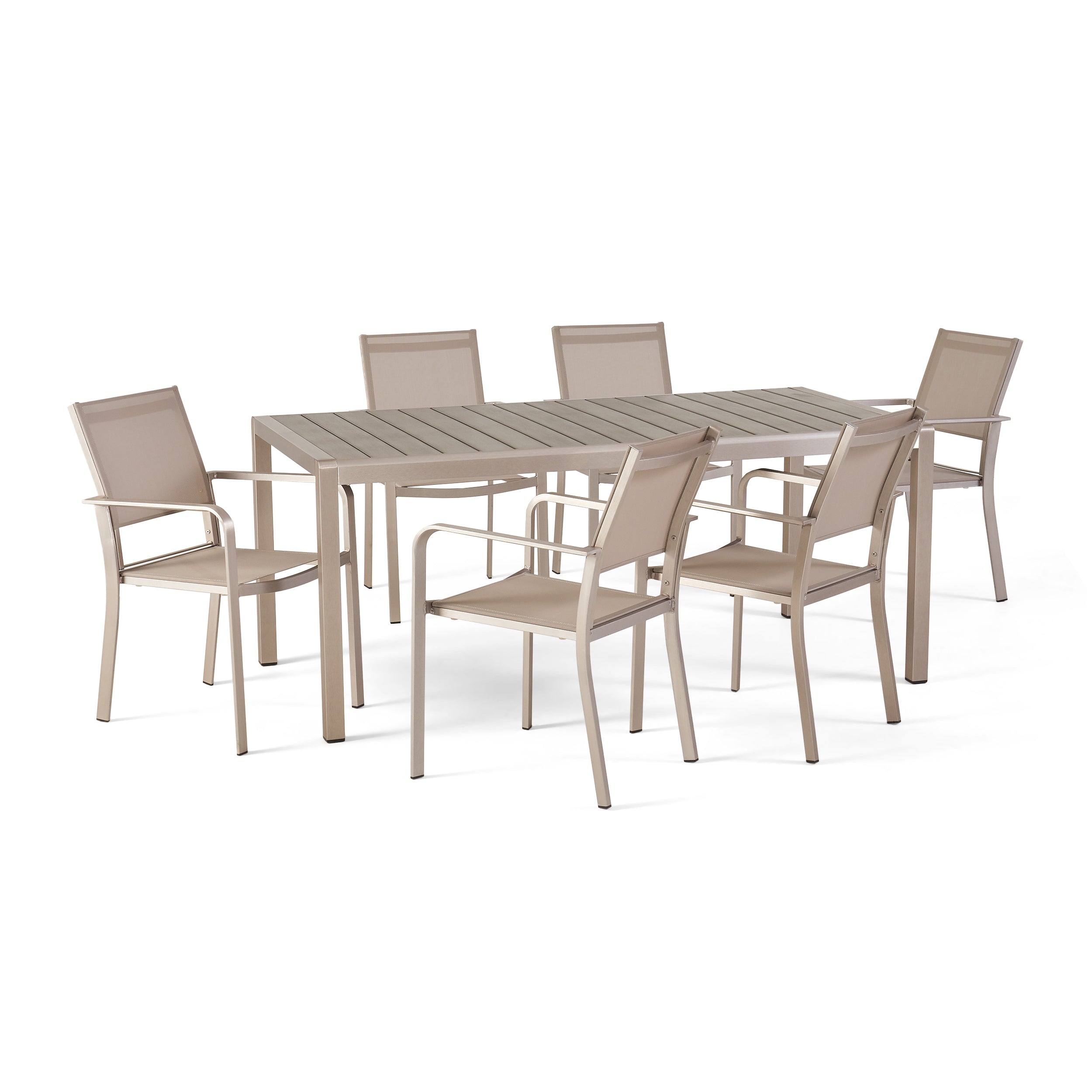 Thali Outdoor Modern 6 Seater Aluminum Dining Set with Faux Wood Table Top