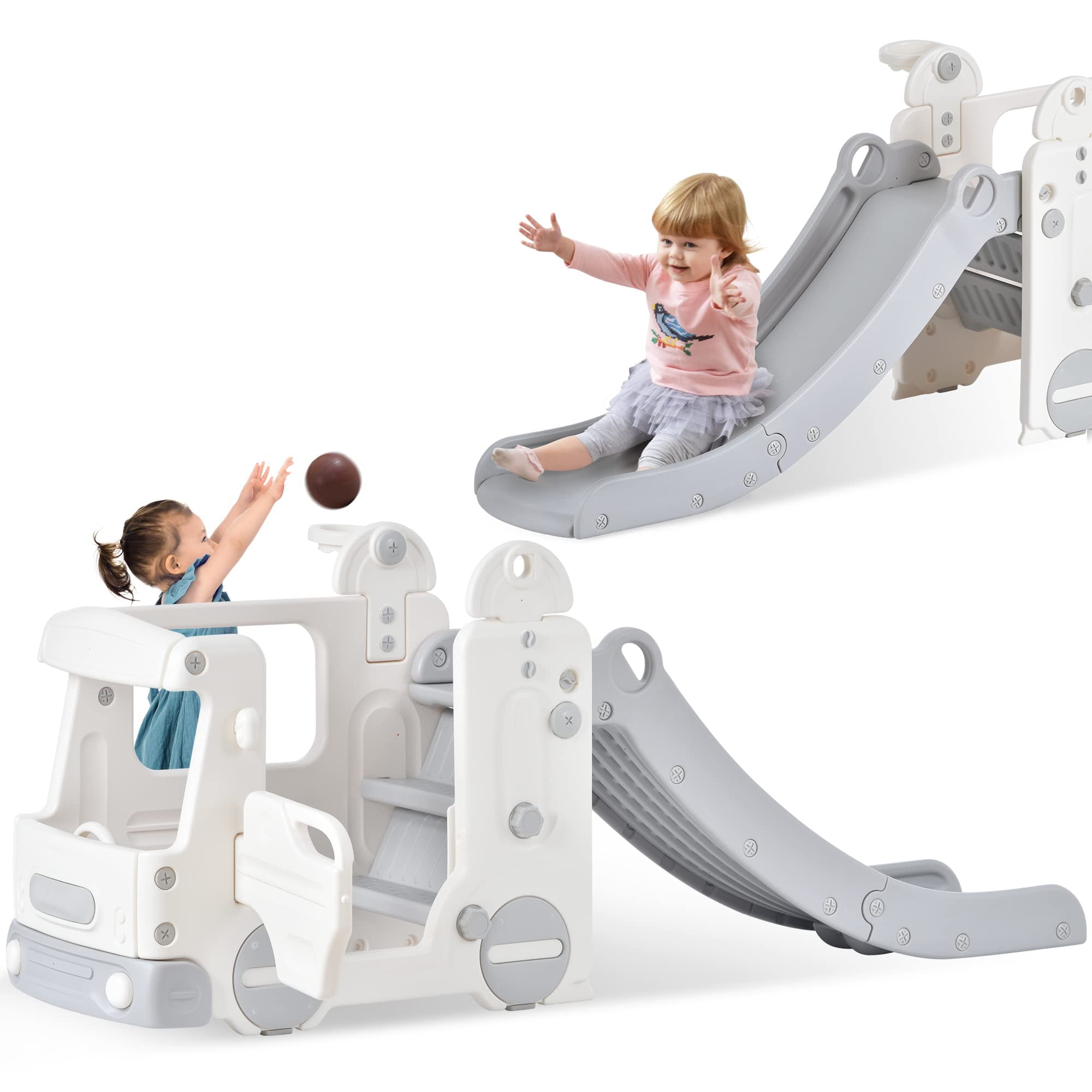 Kainsy 4-in-1 Baby Slide with Bus, Indoor Kids Slide with Basketball Hoop, Climber & Bus Playhouse, Outdoor Playground Slide for Toddler 1+ Playset, Gray and White
