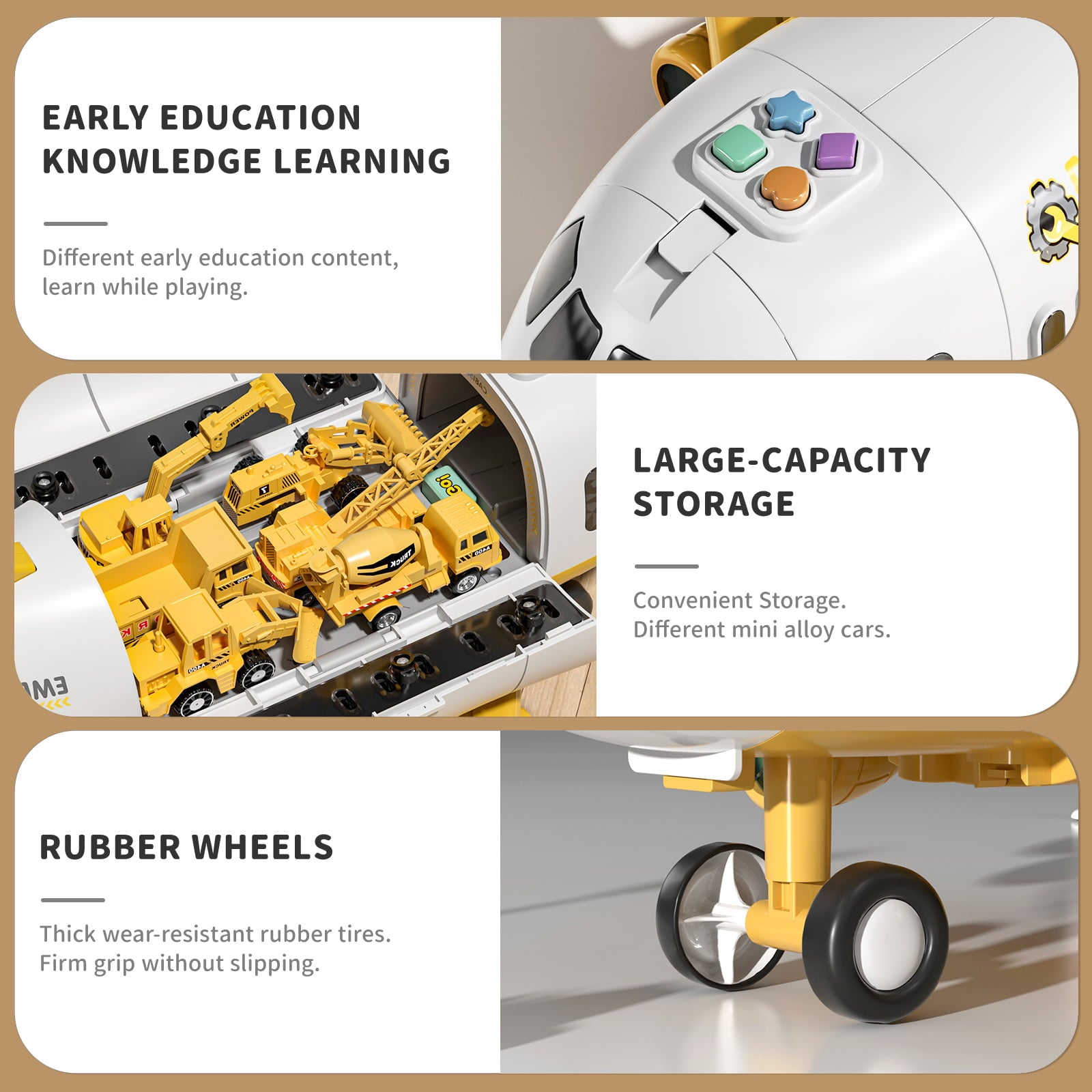 TEMI Storage Transport Plane Cargo with 6 Free Wheel Diecast Construction Vehicles， Kids Toy with Lights and Sounds for 3+ Years Old Boys and Girls Gift