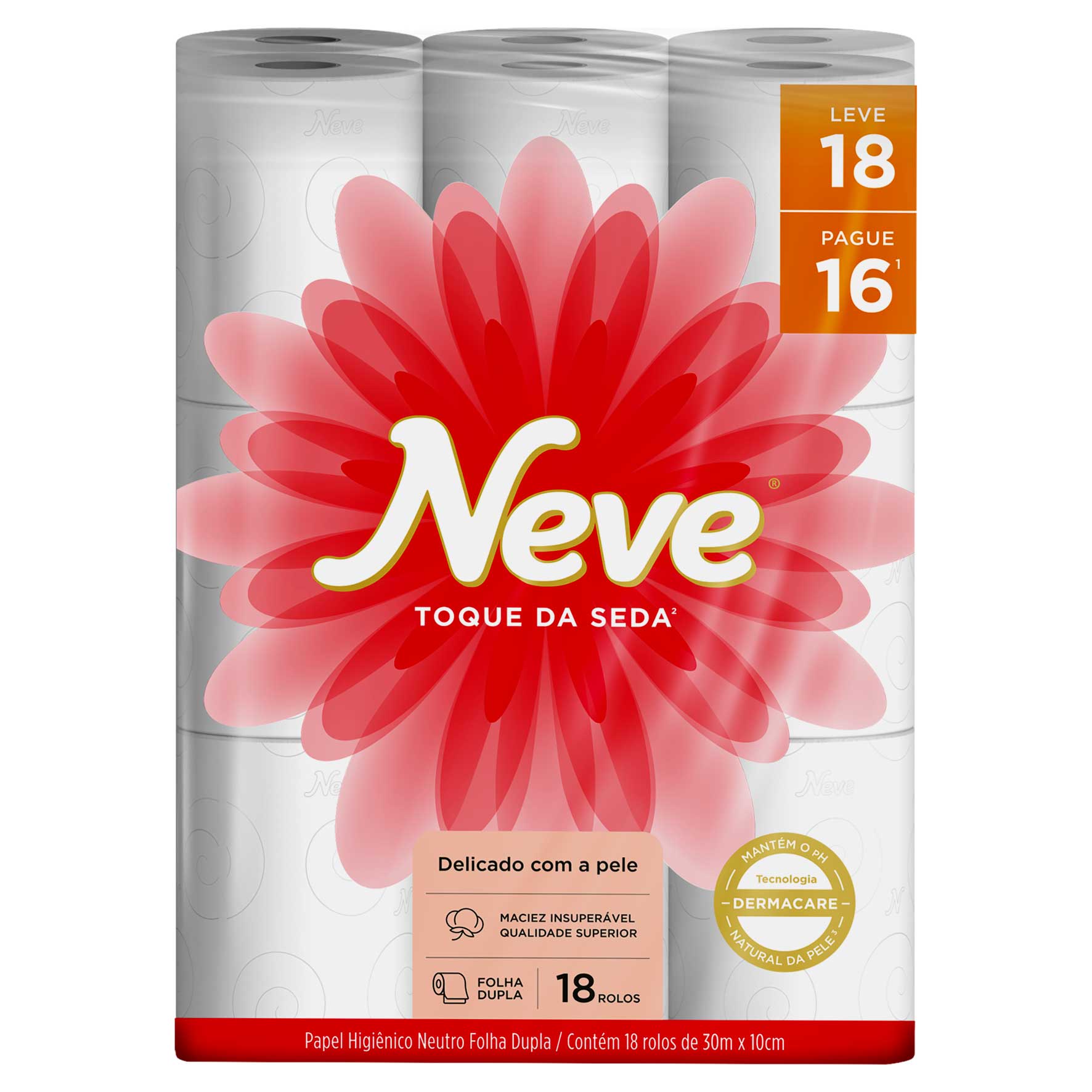 Kit Papel Higienico Folha Dupla Neutro Neve Toque da Seda 30 Metros Leve 18 Pague 16 Unidades 3 Packs