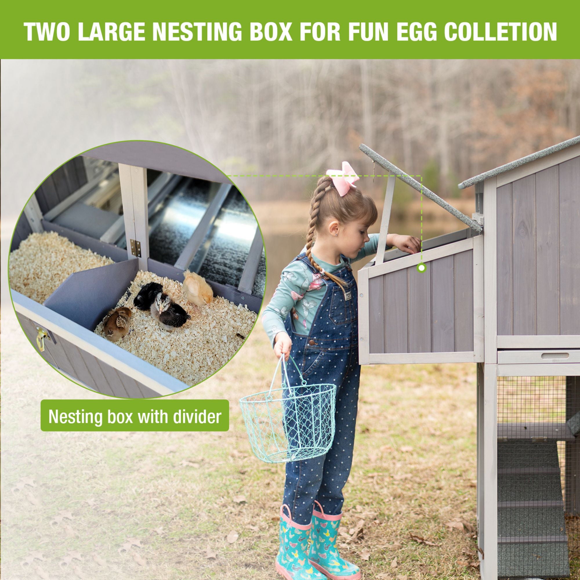 Morgete Foldable Chicken Coop with Two Nest Box， 69.8'' Wooden Hen House for 4 6 Chickens