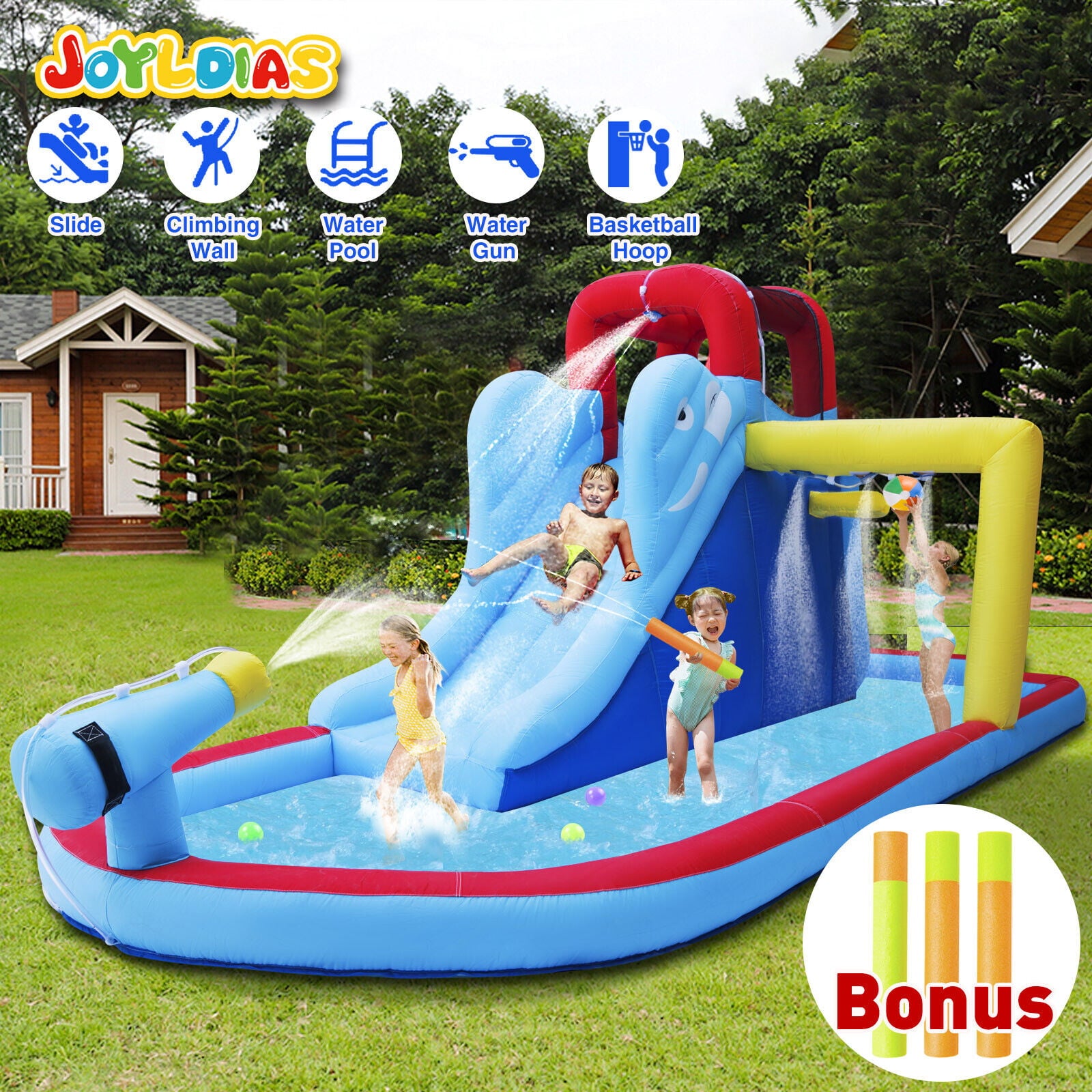 JOYLDIAS Kids Inflatable Bounce House Water Slide Bouncer Playhouse Castle with 3 Water Guns， Splash Pool， Climbing Wall， Basketball Hoop， Bag， Air Blower