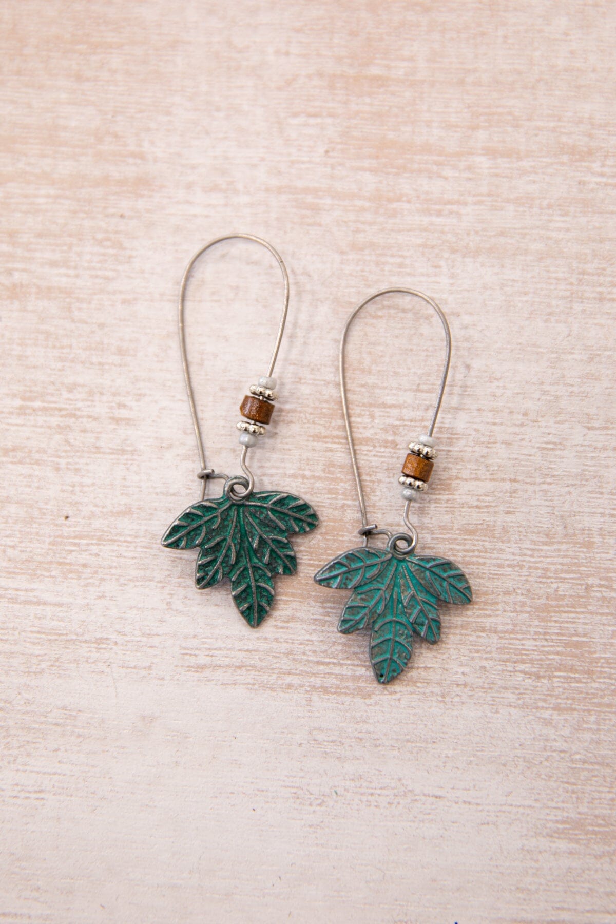 Teal Patina Leaf Shape Drop Earrings