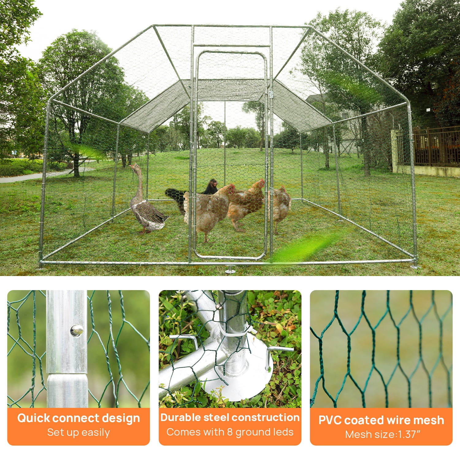 10'x10' Outdoor Heavy Duty Chicken Coops Walk in Metal Chicken Cages Large Pets Raise Crate Protector Poultry Rabbit House with Waterproof Cover Backyard