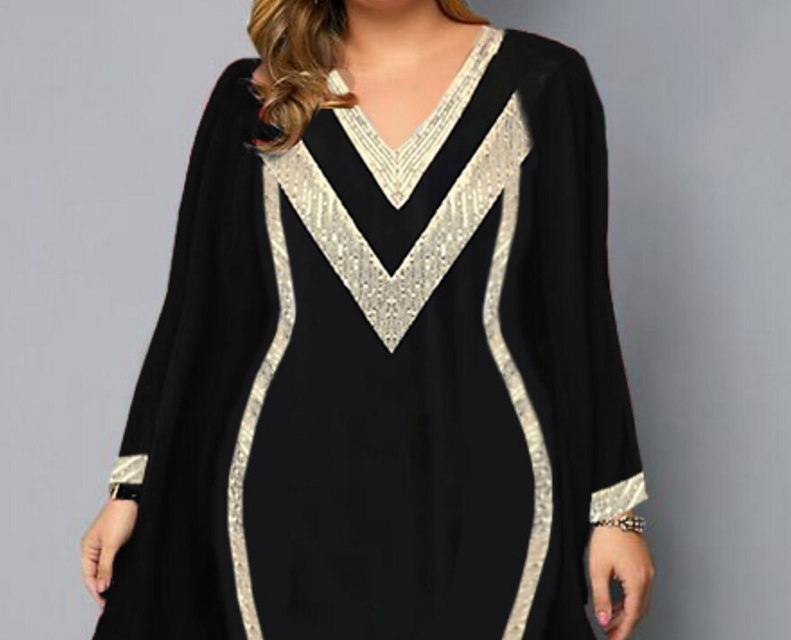 Women's Plus Size Dress Set Color Block V Neck Long Sleeve Formal Dress